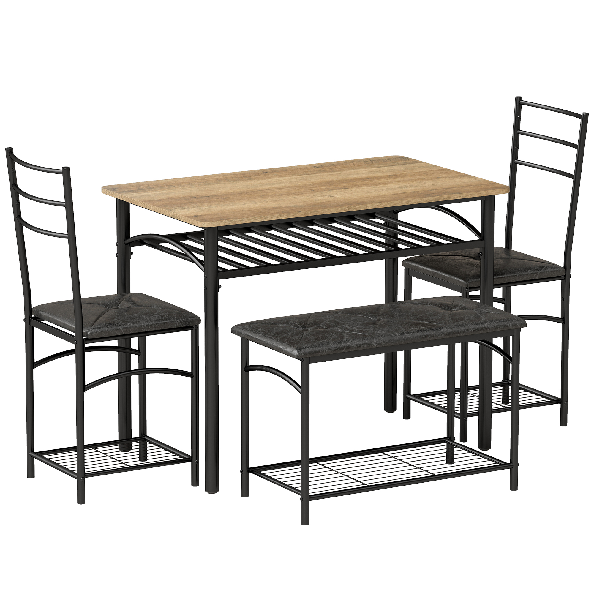 HOMCOM 4-tlg. Essgruppe, Esstisch mit 2 Gepolsterten Stühlen und Bank, Platzsparende Esszimmergruppe mit Ablage, Esstisch-Set für kleine Räume, Küche, Esszimmer, Braun Aosom