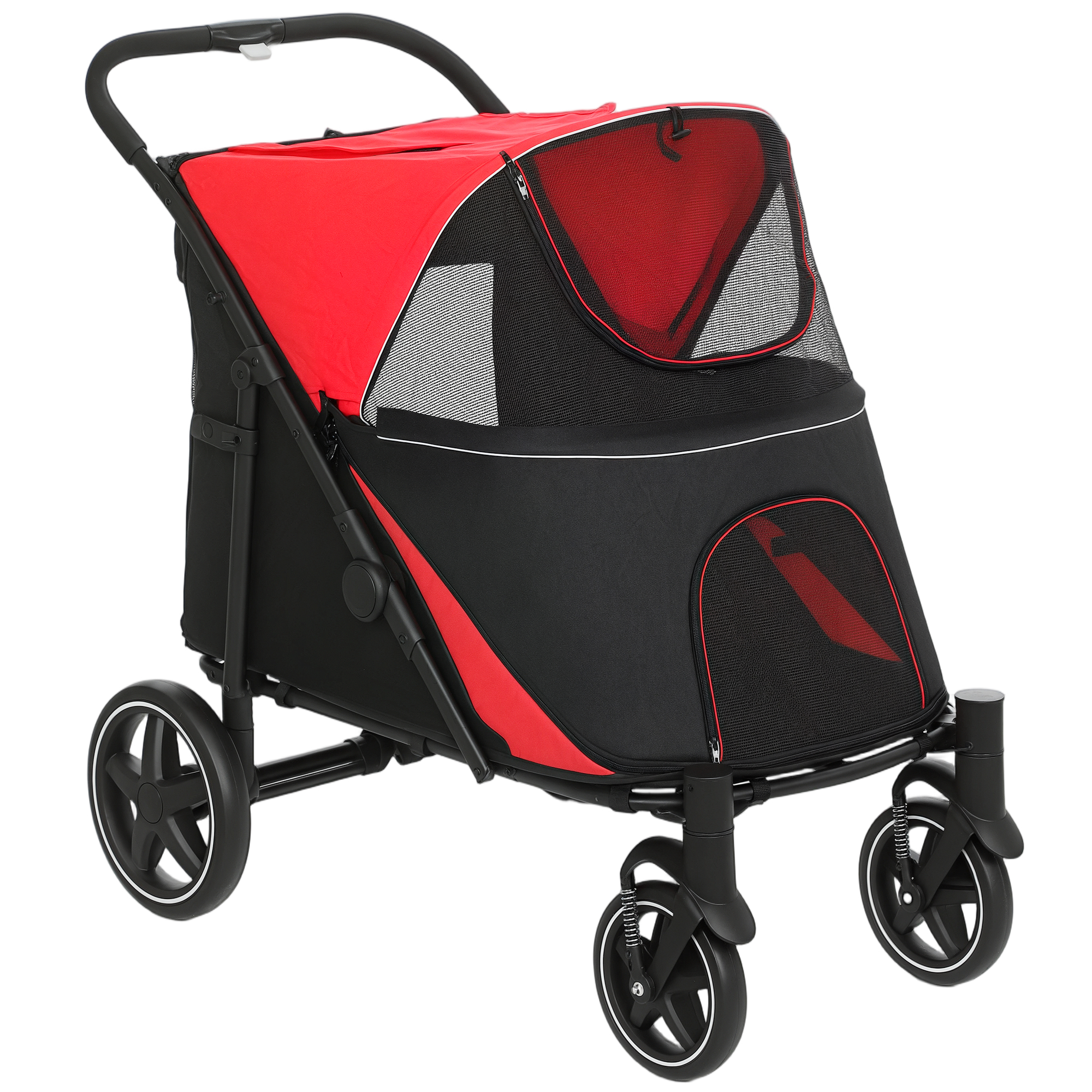 PawHut Hundewagen Hundebuggy faltbar mit Kissen für große mittelgroße Hunde Katzenbuggy mit Netzfenster Sicherheitsleinen Rot Aosom.de