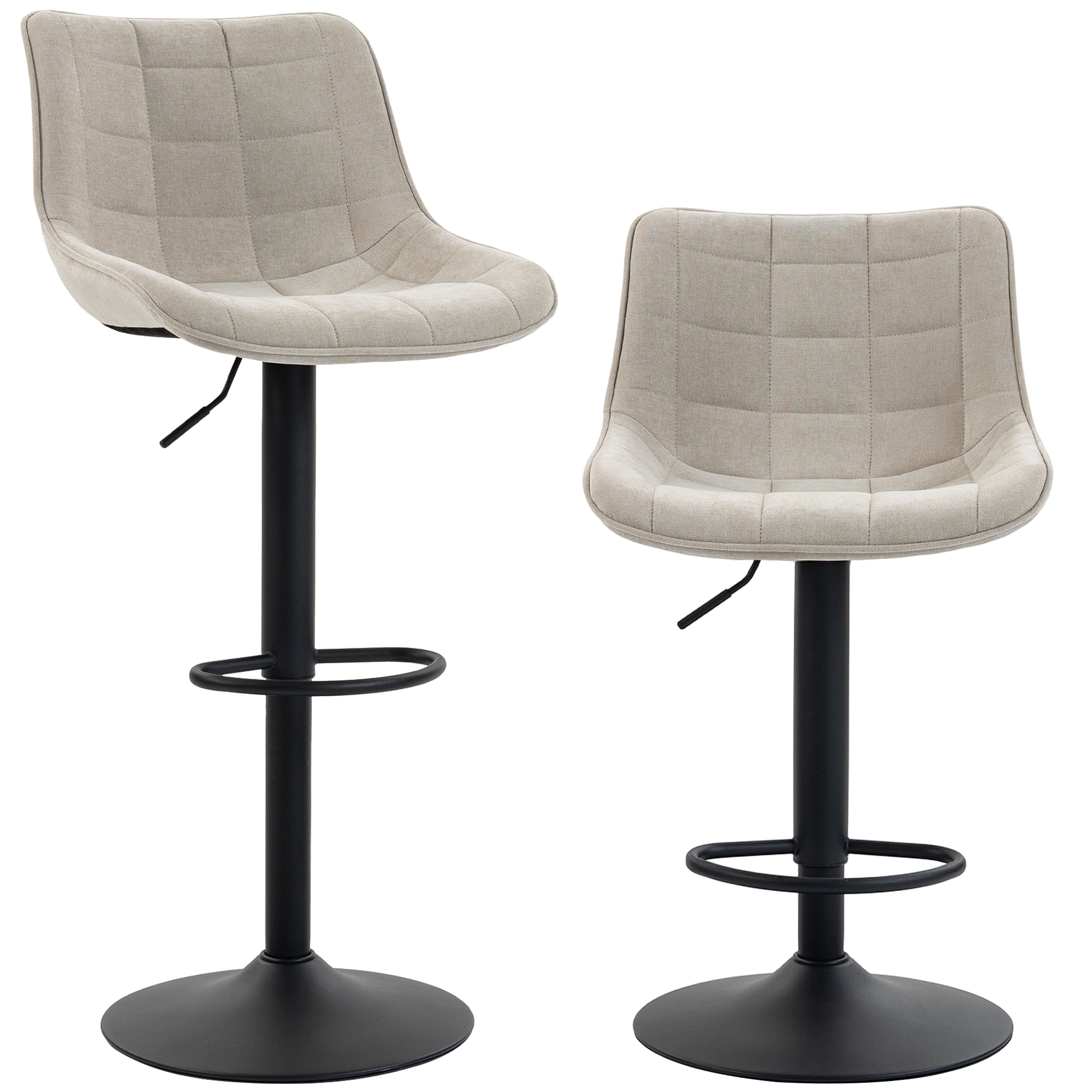 HOMCOM Set 2 Barhocker im Leinen-Velours-Look, höhenverstellbar, 360° drehbar, Küchenhocker mit Fußstütze, Rückenlehne, Kohlenstoffstahl-Sockel, modern, Creme Aosom