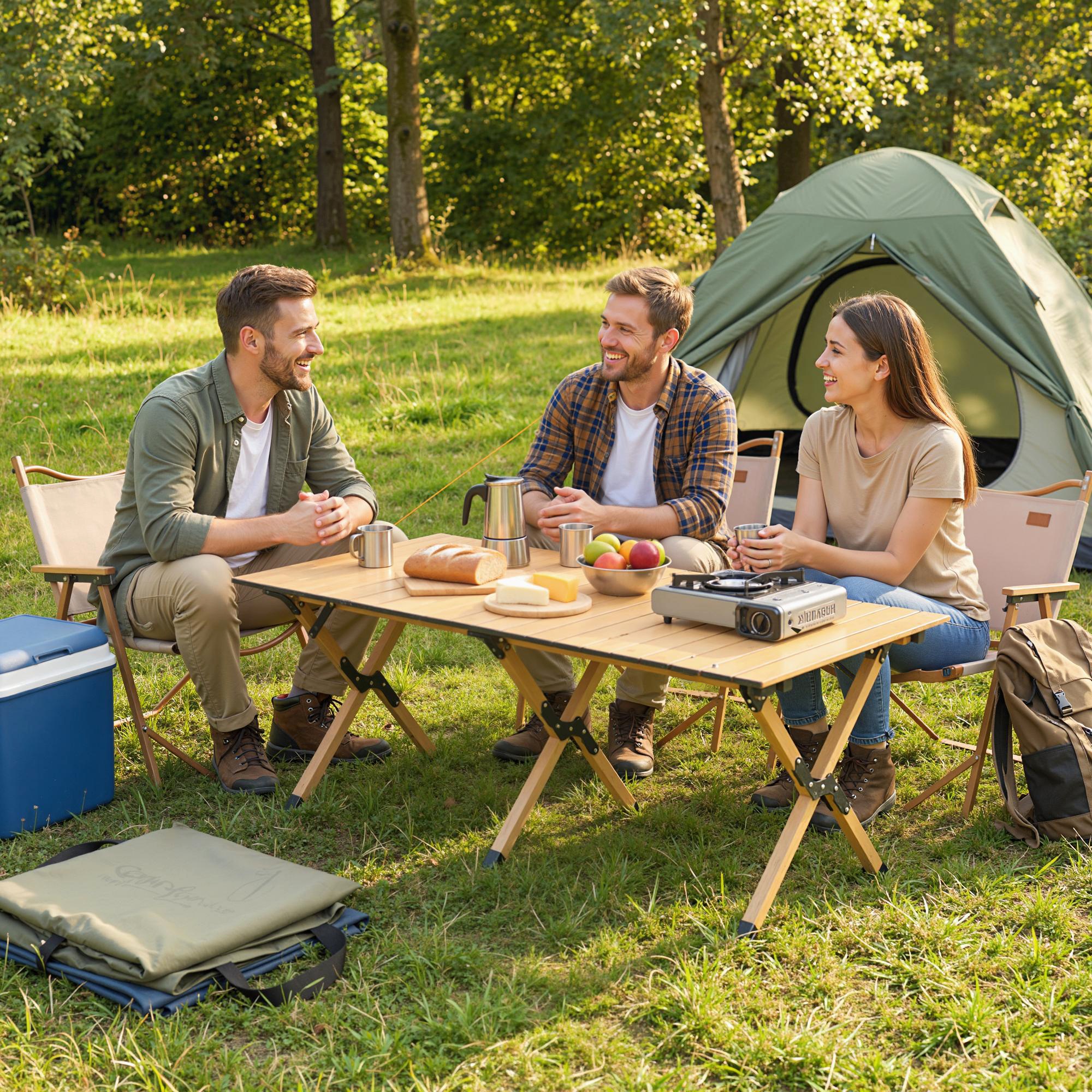 Outsunny Campingtisch 117 x 60 cm Aluminium Klapptisch mit Aufrollbare Tischplatte Holz-Optik Tragetasche wasserdicht