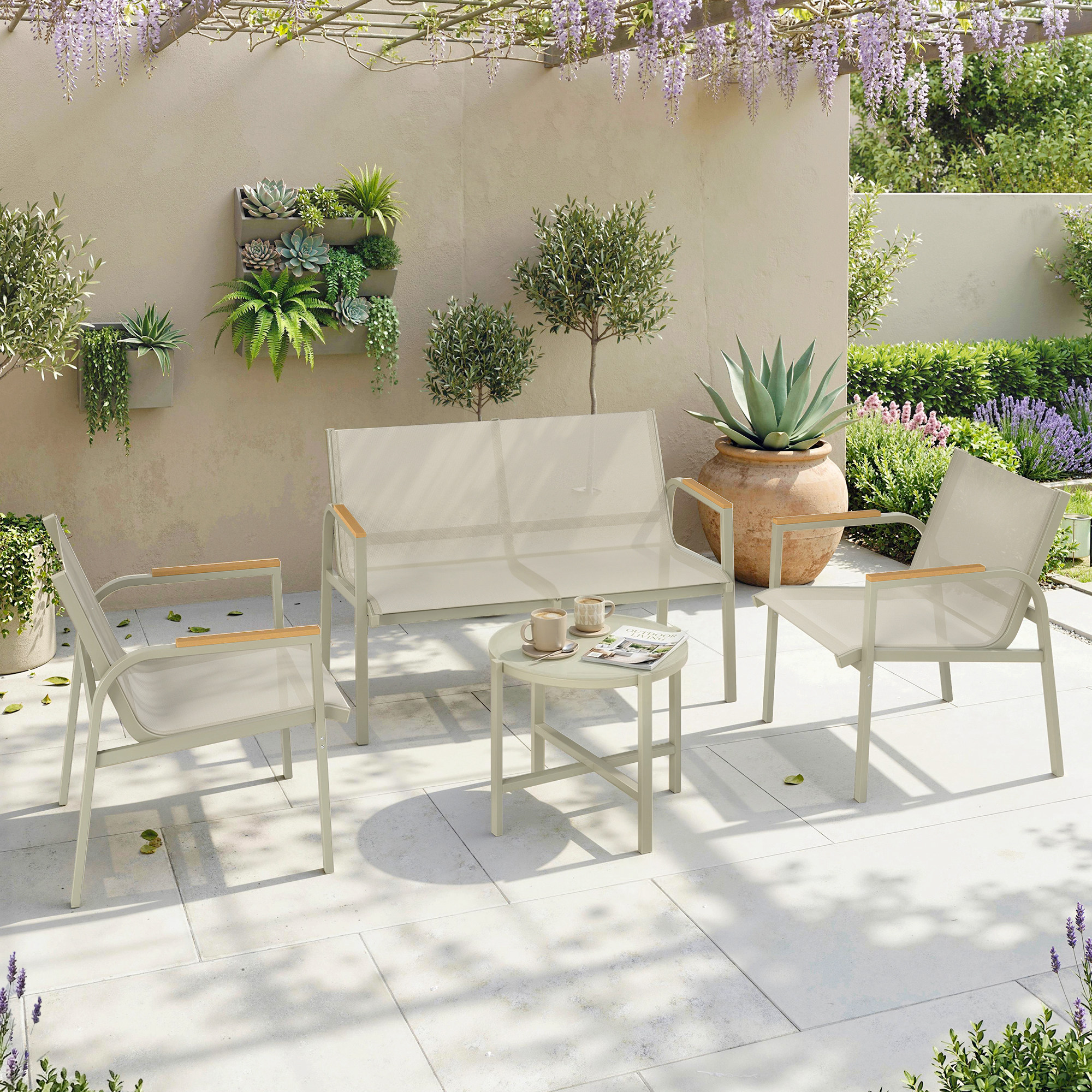 Outsunny Gartenlounge 4-Teilig In Textilene, Terrassen-Set Mit 2-Sitzer-Sofa, 2 Sesseln Und Couchtisch Aus Sicherheitsglas, GartenmöBel FüR Balkon Oder Pool, GrüN Aosom