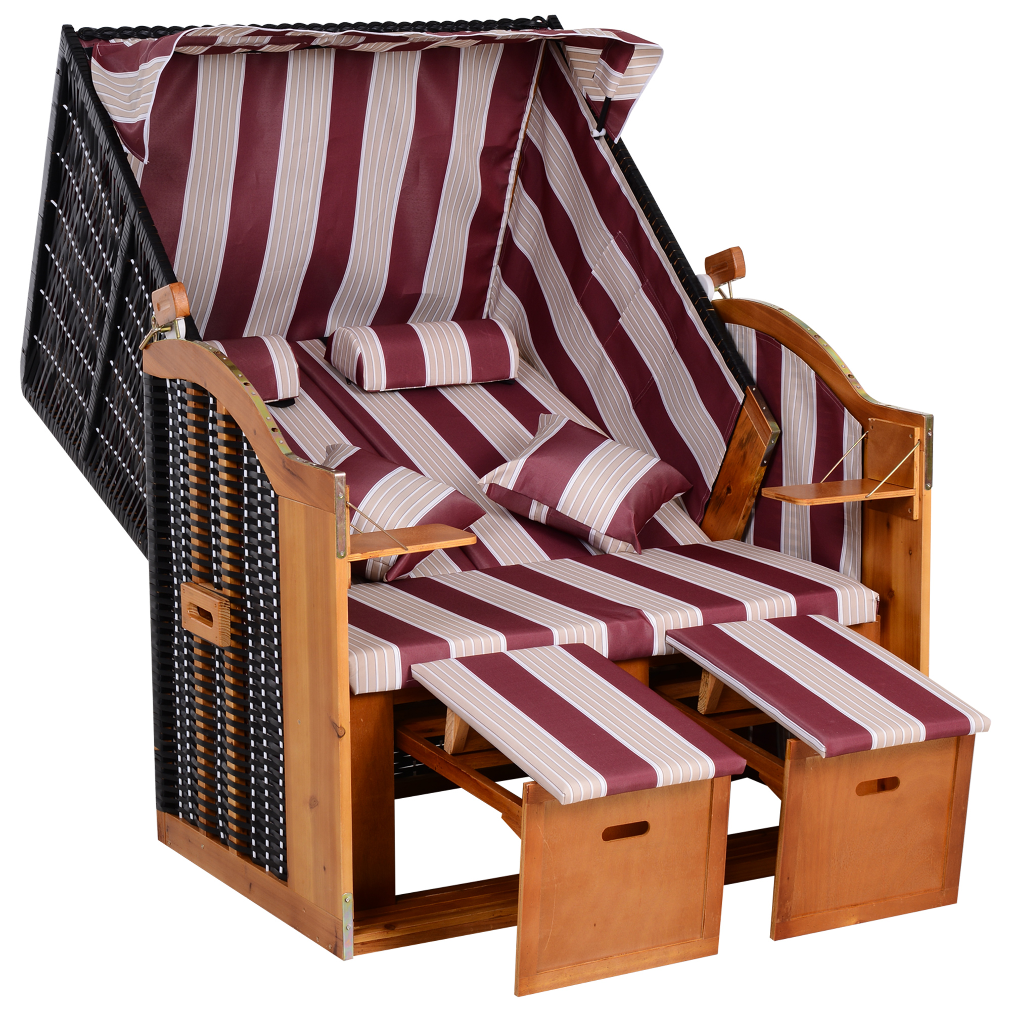 Outsunny Strandkorb Doppelte Sonnenliege mit Dach 5-stufige Rückenlehne Chaiselongue mit Getränkehaltern PE-Rattan Rot-Weiß 118x79x160cm für Garten & Balkon Aosom.de