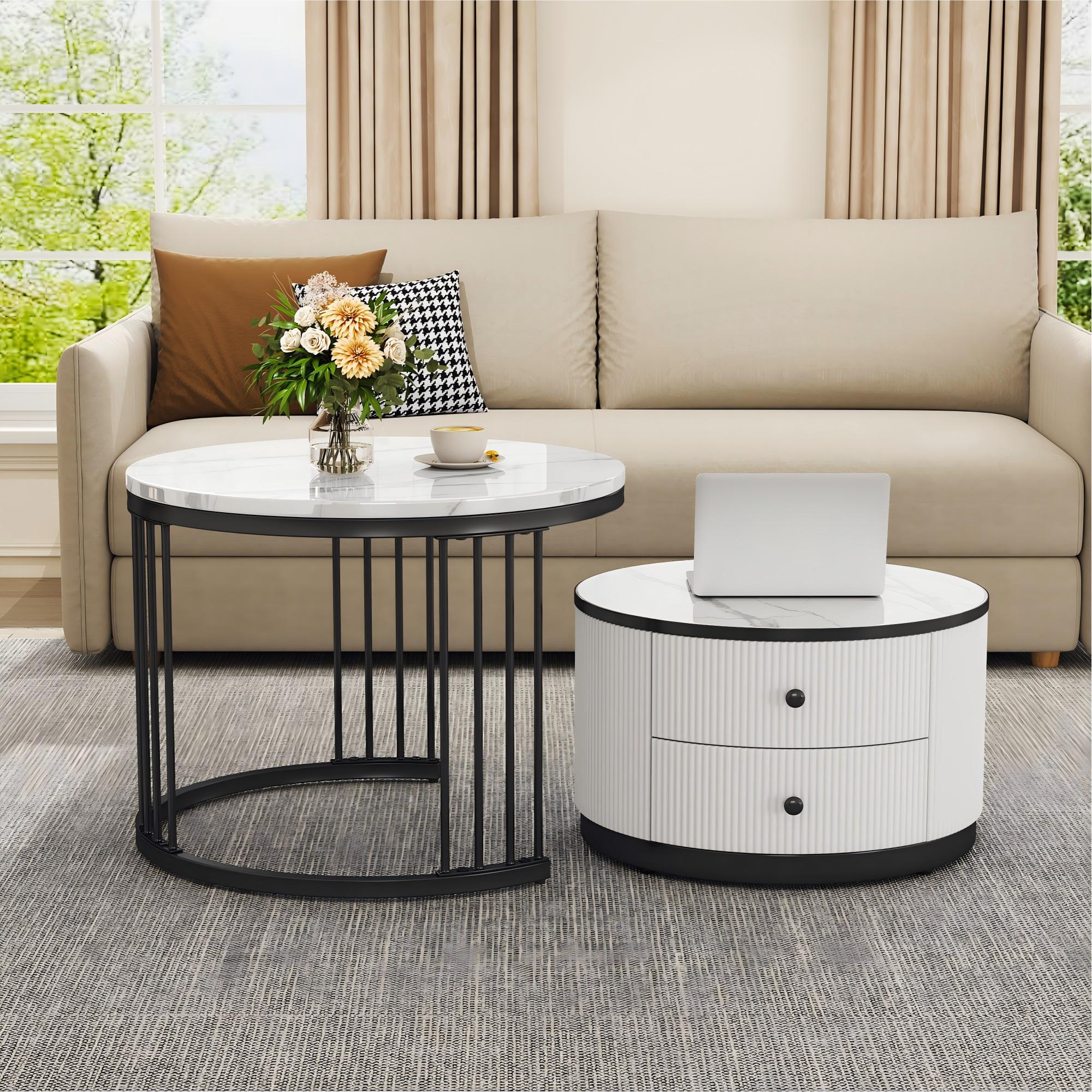 High Gloss Nesting Coffee Table with Marble Pattern Top, Storage Drawers, Modern Round Side Tables for Living Room, Bedroom, White+Black Aosom.UK