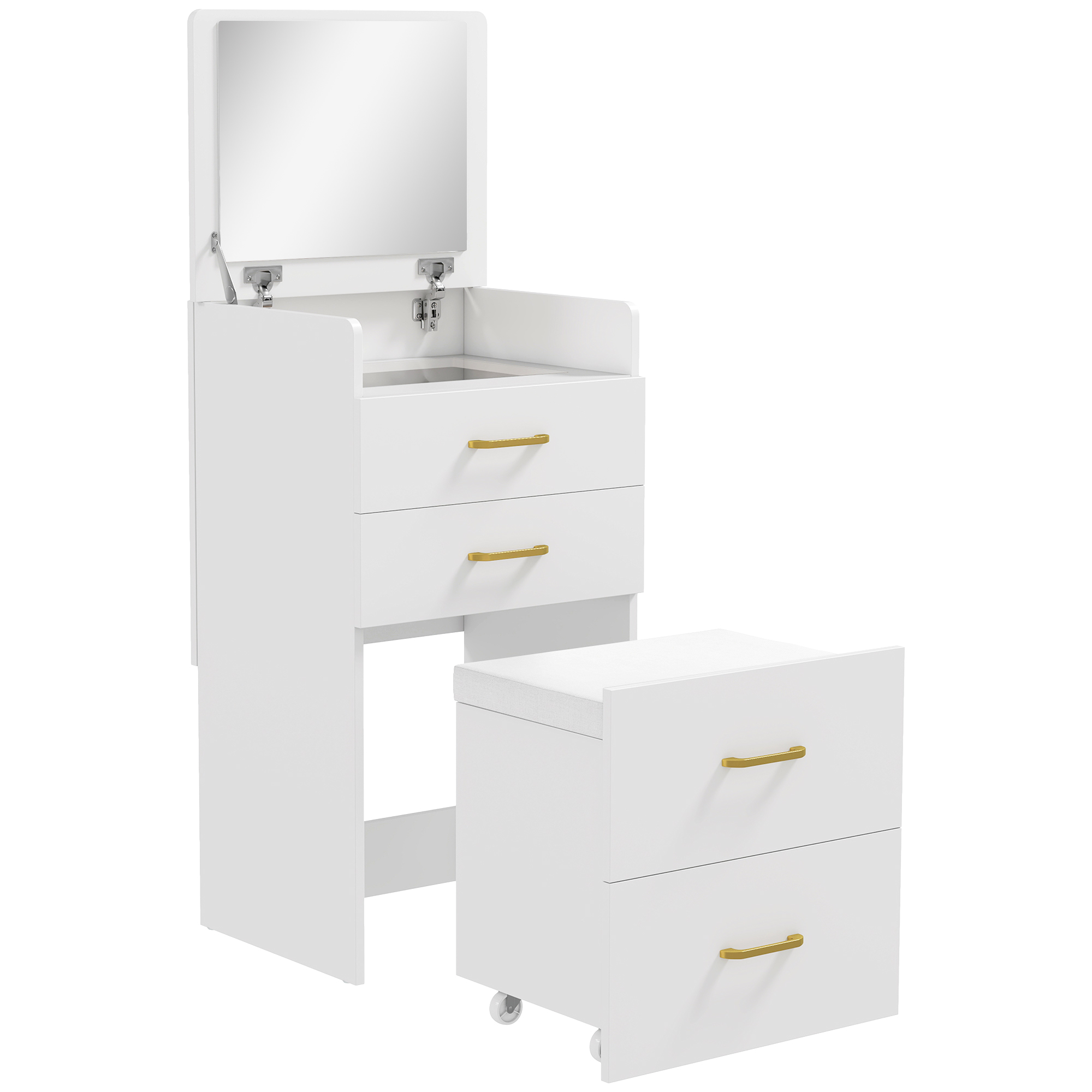 HOMCOM 3 in 1 Schminktisch mit Rollhocker, Kosmetiktisch mit Klappspiegel, Frisiertisch mit 4 Schubladen, Frisierkommode für Schlafzimmer, Weiß Aosom