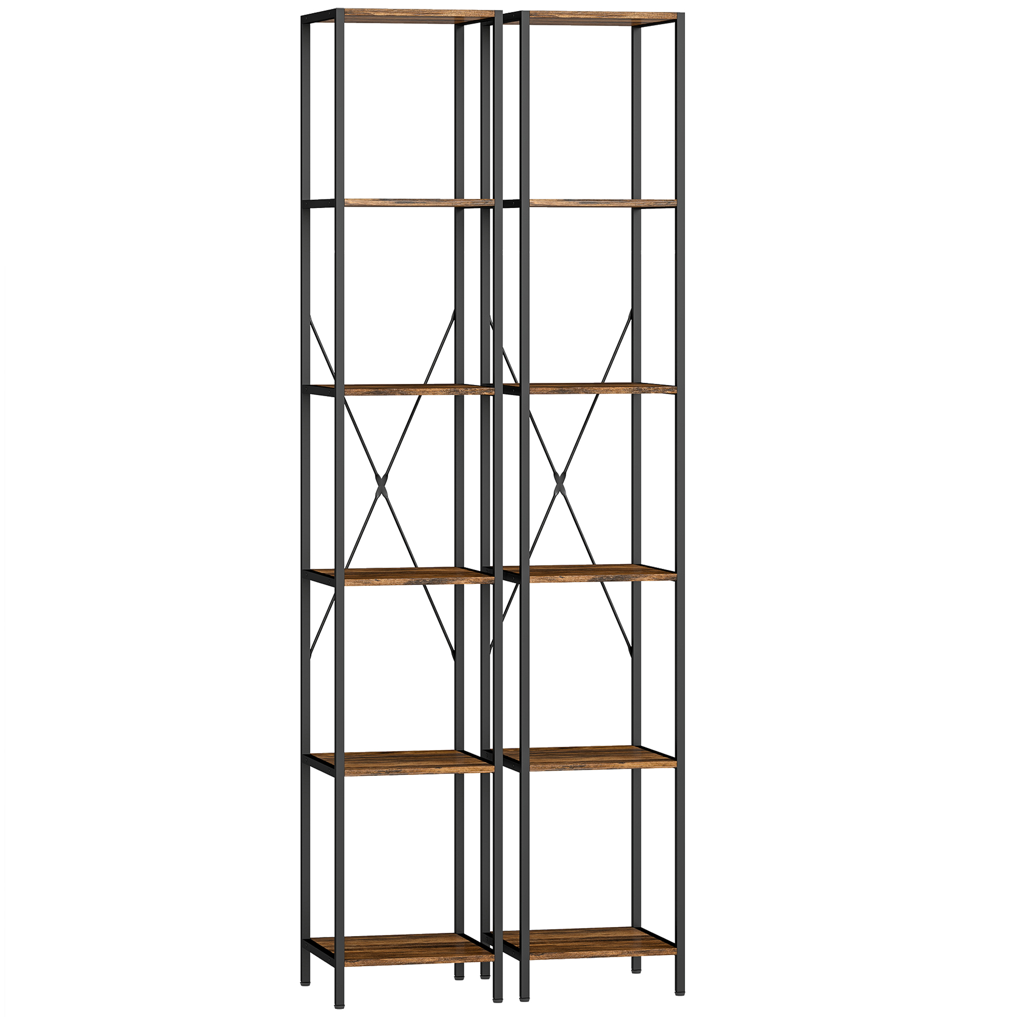 HOMCOM Bücherregal 2er-Set Regal mit 6 Ebenen, Standregal Industrial Dekoregal mit Stahlrahmen für Wohnzimmer, Homeoffice, Schlafzimmer, 30 x 30 x 174,5 cm, Rustikal-Braun Aosom