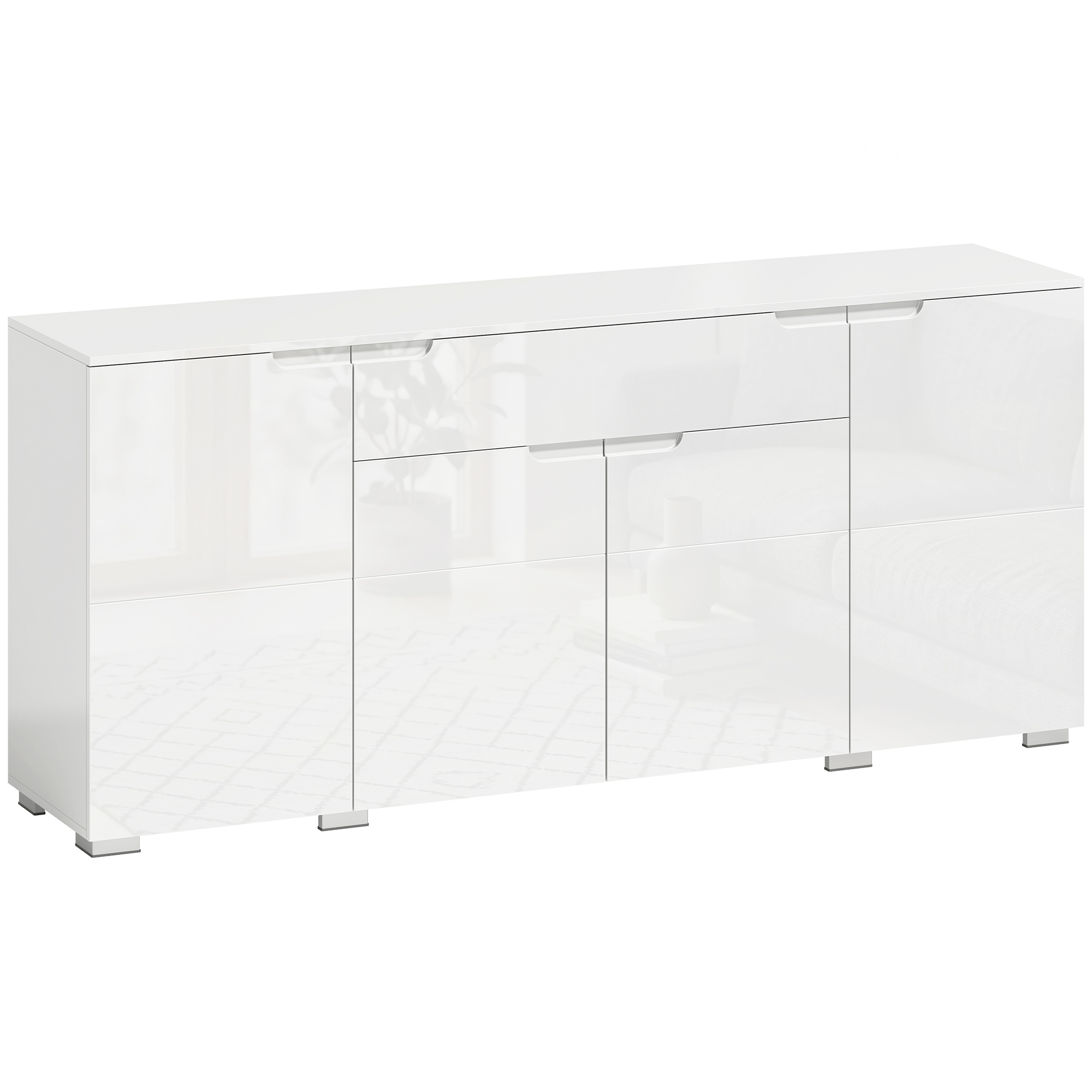 Hochglanz-Sideboard, moderne Kommode mit 4 Türen und verstellbaren Einlegeböden, Soft-Close-Funktion, Weiß