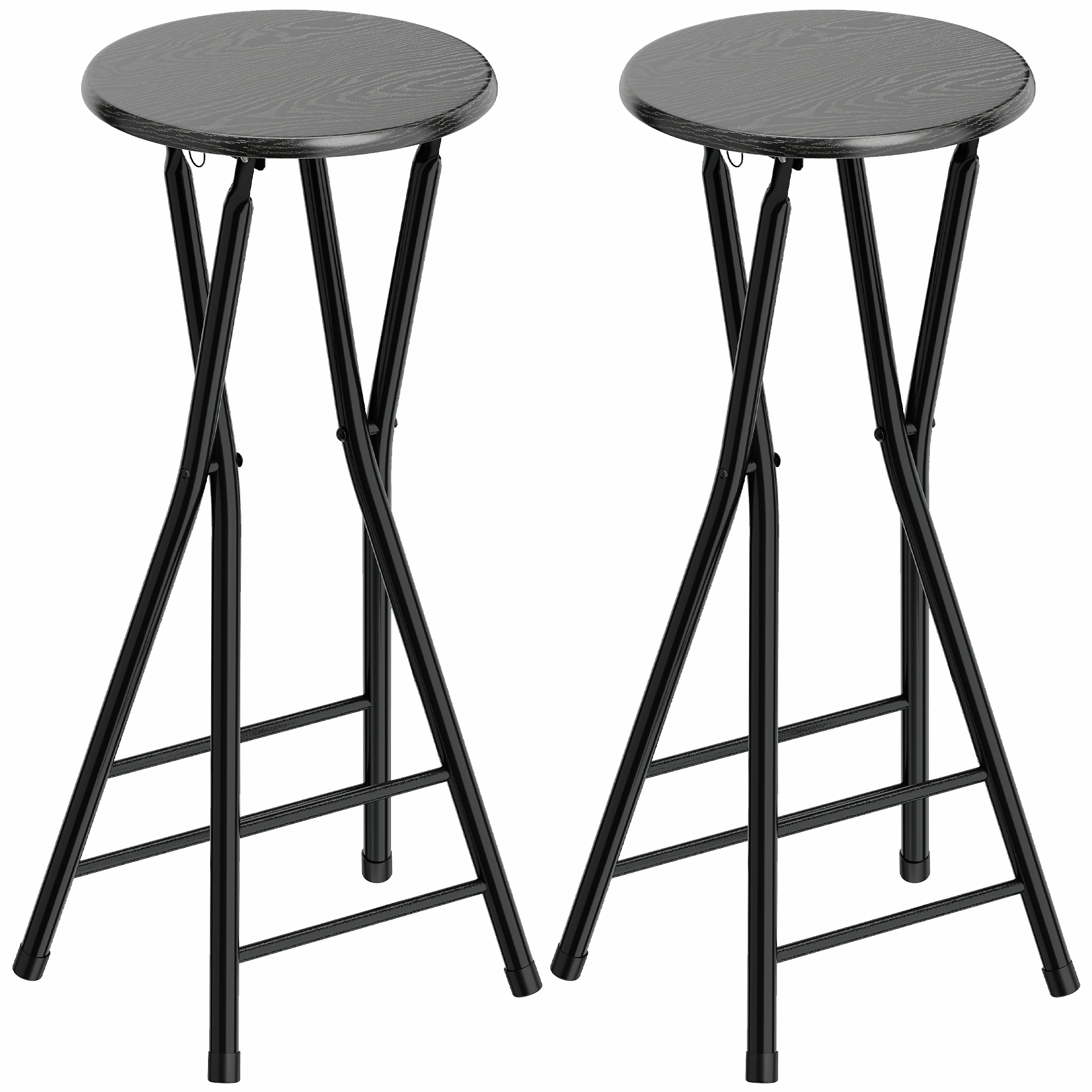 Barhocker 2er Set, Klappbar Barstuhl mit Stahlgestell, Küchenstühle mit doppelter Fußstütze 34 x 30 x 70 cm Schwarz