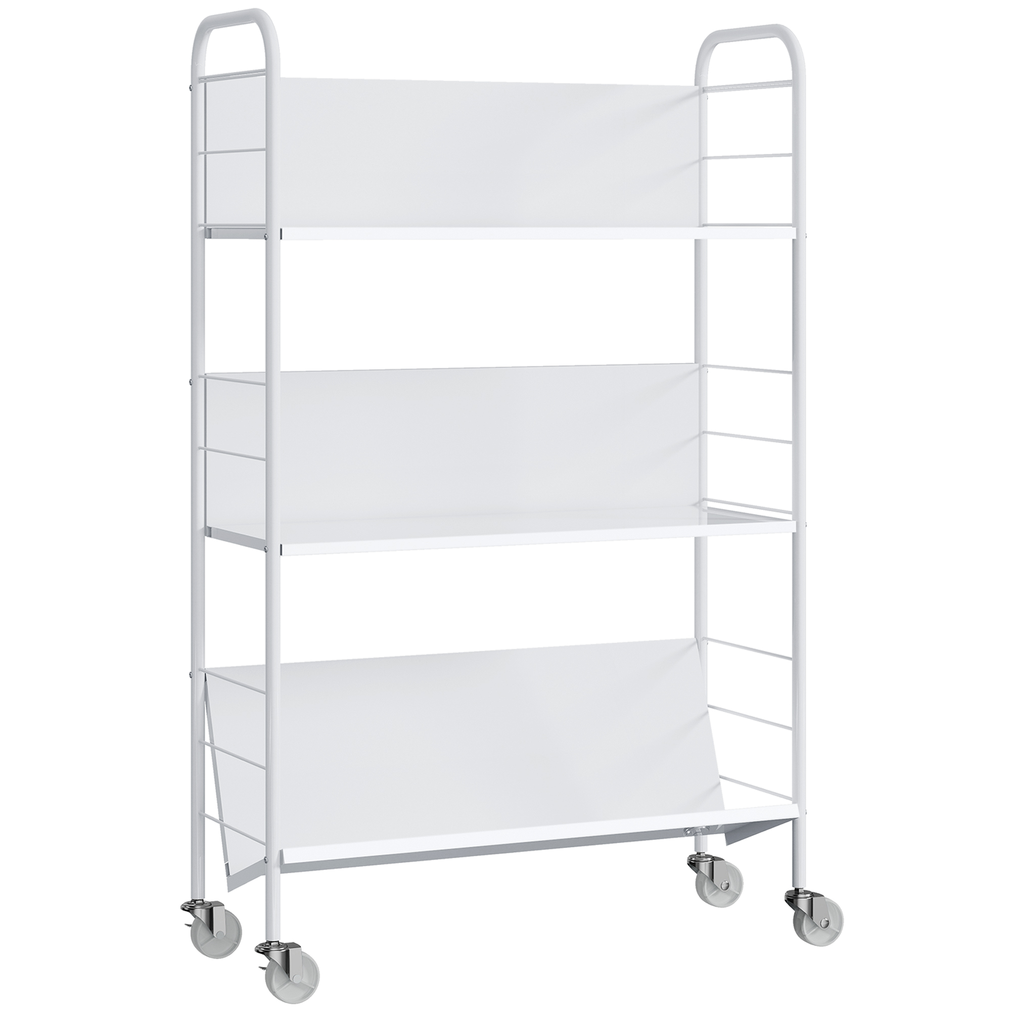 HOMCOM Bücherregal Mobiles Aufbewahrungsregal mit 3 Ebenen, Rädern, rollbares Spielzeugregal aus Metall, Bücherschrank für Schlafzimmer, 69 x 26 x 108 cm, Weiß Aosom