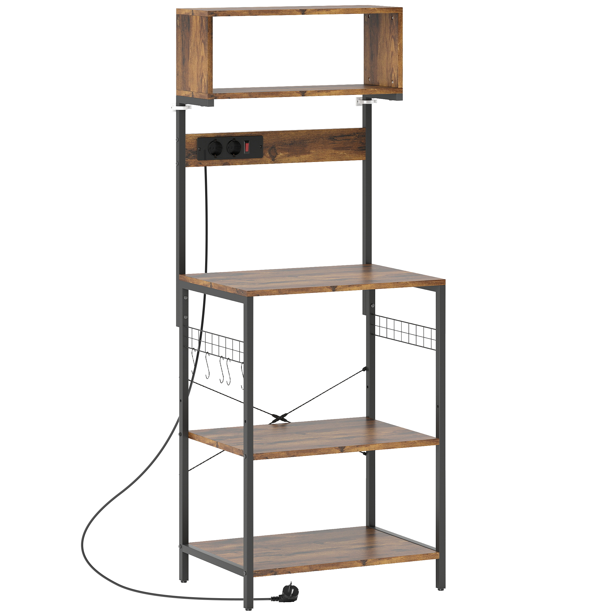 HOMCOM Küchenregal, Standregal mit 5 S-Haken, 5 Ablagen, Steckdose, Kaffeebar mit X-Streben, Bäckerregal aus Stahl, Rustikal-Braun, 60 x 42 x 153 cm Aosom