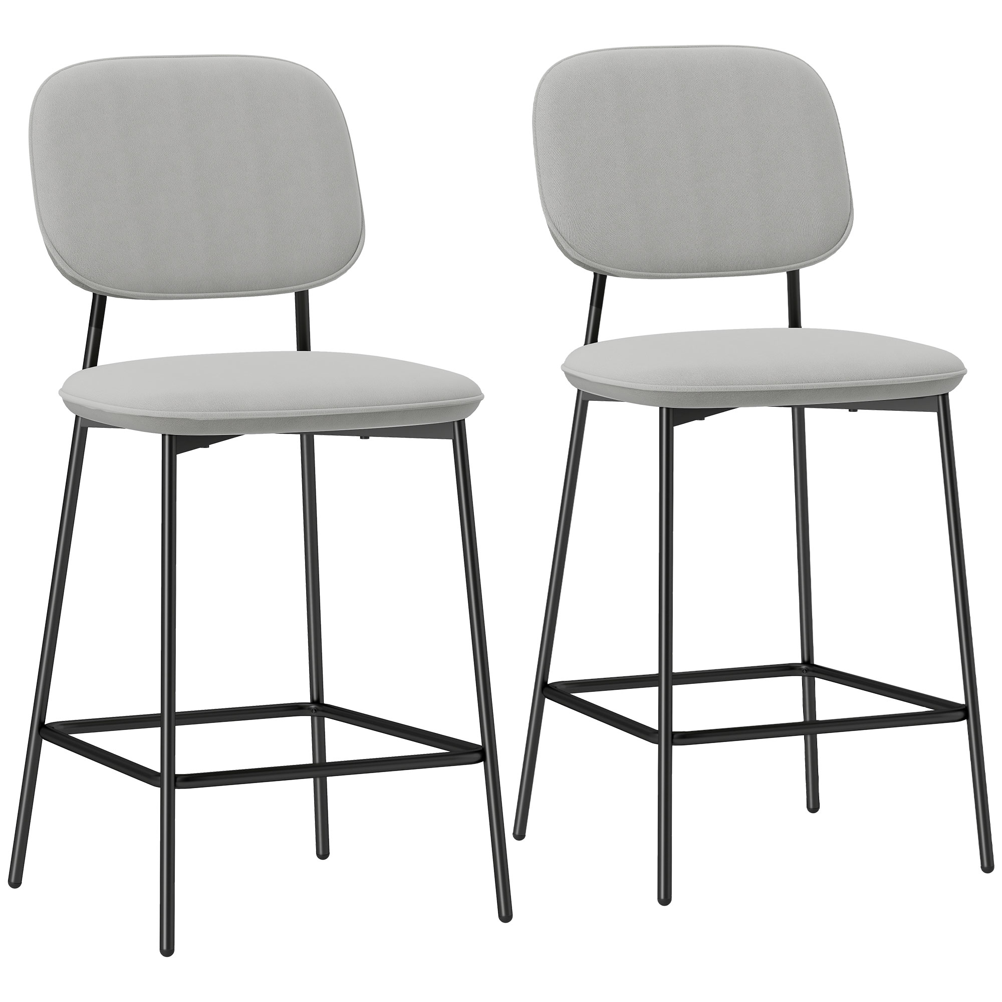 HOMCOM 2er-Set Barhocker, Bistrohocker mit Fußstütze, Barstuhl, Samt-Bezug, Küchenstuhl, Tresenhocker-Set mit Stahlbeinen für Wohnzimmer, Esszimmer, Hellgrau, 45 x 49 x 102 cm Aosom