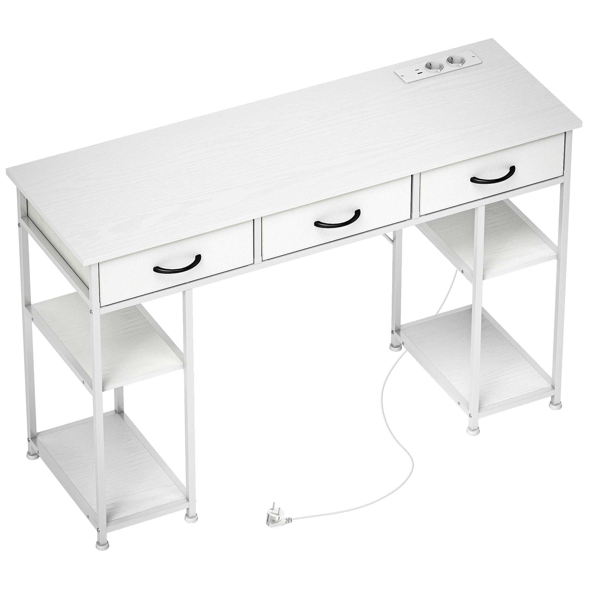 HOMCOM Schreibtisch Küchentisch mit 2 USB-Ladeanschlüssen 2 Steckdosen Computertisch mit verstellbare Regalböden 3 Stoffschubladen Arbeitstisch mit Stahlrahmen Laptoptisch Büroregal Weiß 120x40x76 cm Aosom
