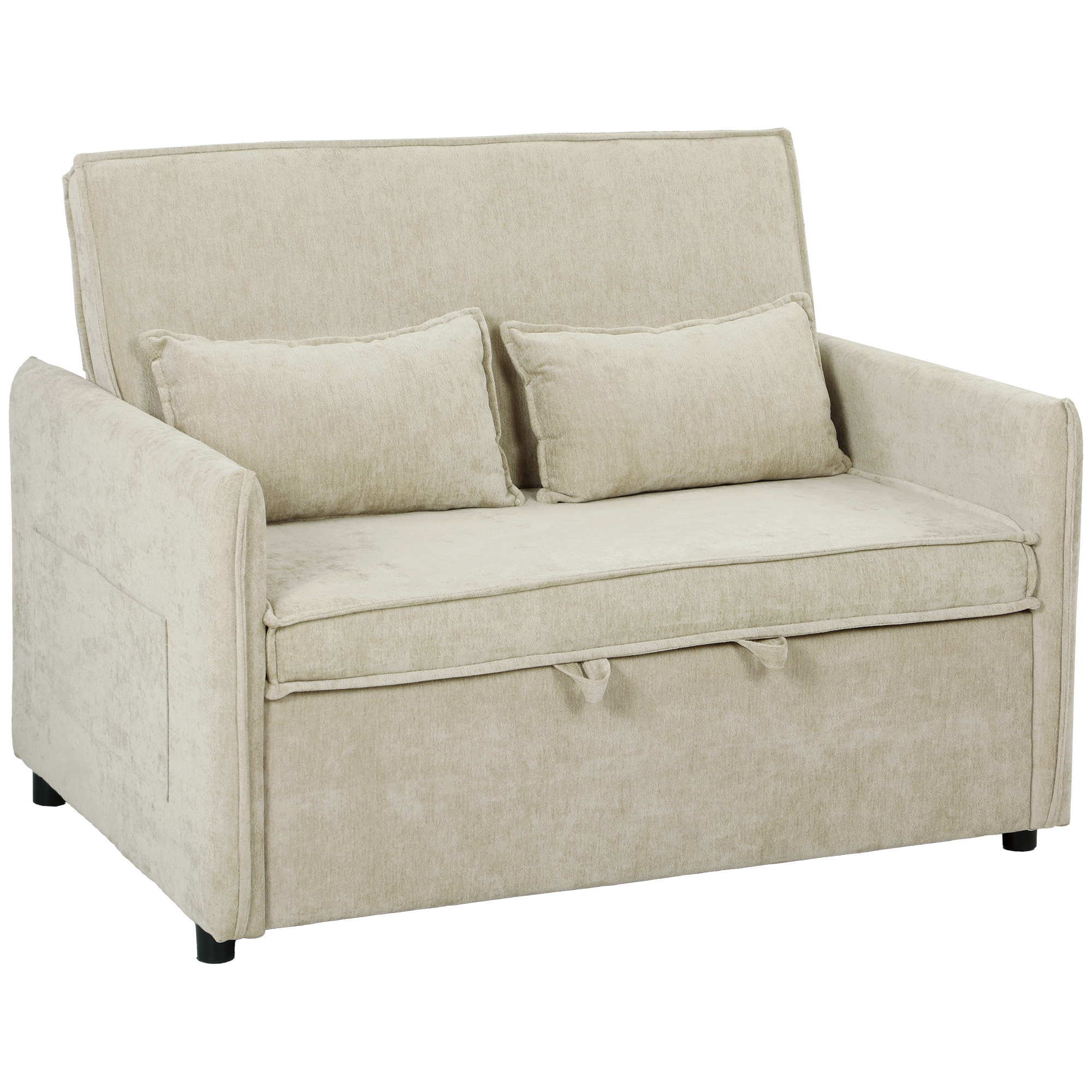HOMCOM 2‑Sitzer Schlafsofa, 3‑in‑1 Chenille 125 cm mit verstellbarer Rückenlehne, breiter Sitz, 2 Kissen und Seitentaschen, moderner Stil, für Wohnzimmer, Schlafzimmer, kleine Räume, Creme Aosom