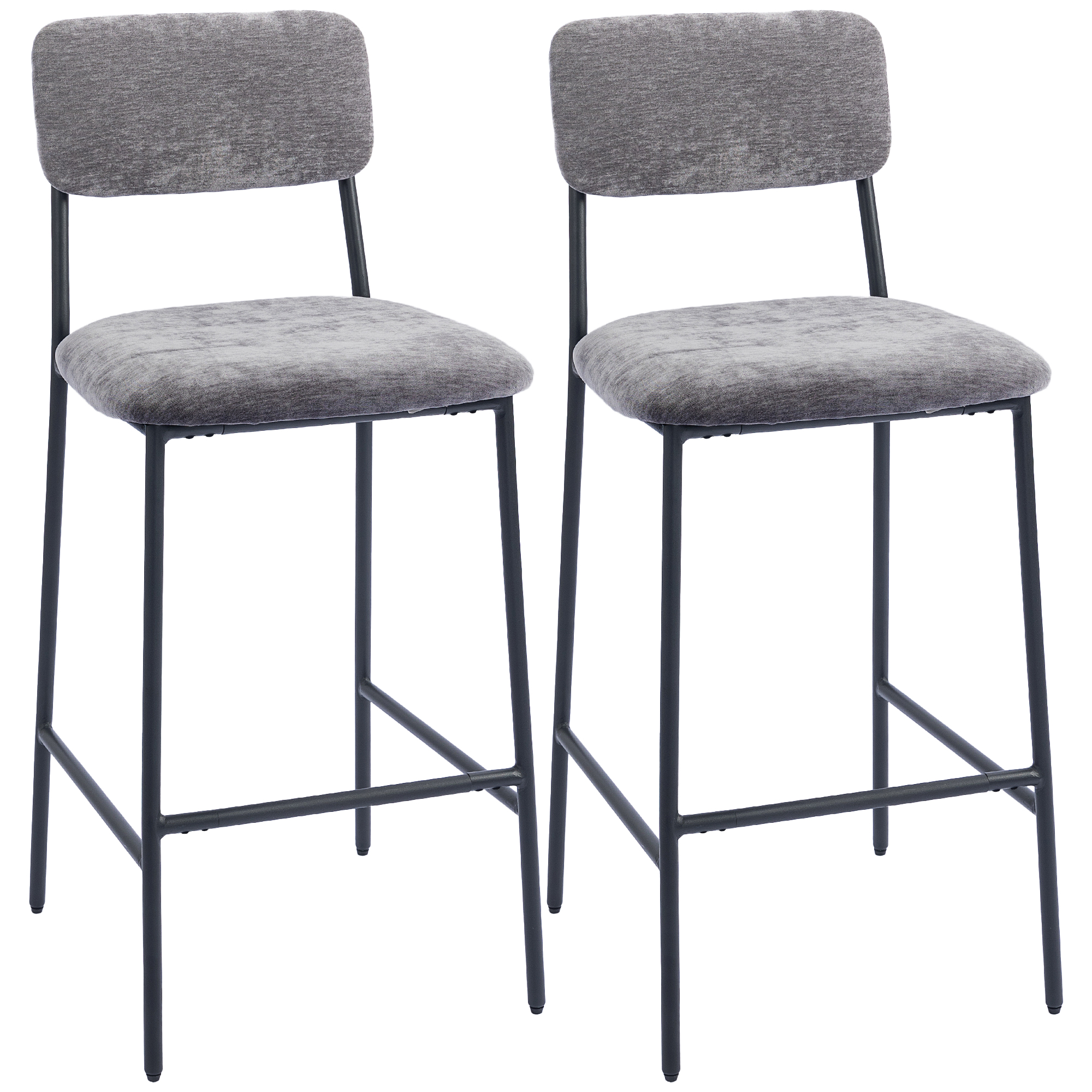 HOMCOM Barhocker 2er Set Barstuhl, Tresenhocker mit Fußstütze, Rückenlehne Gepolstert Bistrohocker mit Stahlgestell, Chenille-Optik 72,5 cm Sitzhöhe für Küche, Hausbar Grau Aosom