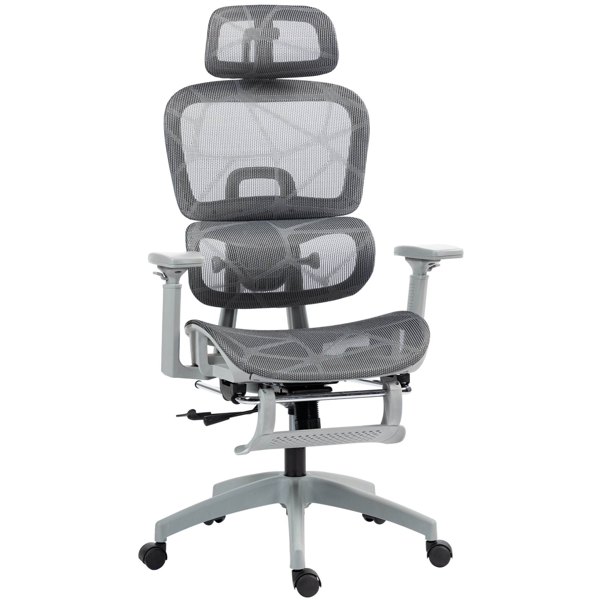 HOMCOM Bürostuhl mit Wippfunktion Liegefunktion Ergonomisch Schreibtischstuhl mit 4-fach verstellbar Rückenlehne Höhenverstellbarer Drehstuhl mit klappbar Armlehnen Kopfstütze Lendenwirbelstütze Grau Aosom