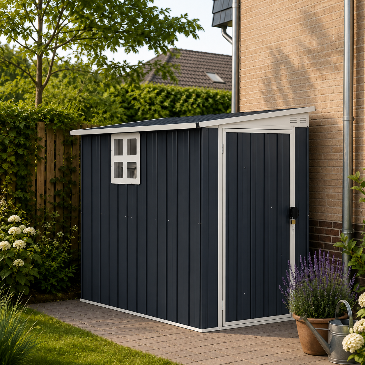 Outsunny Tuinhuis Metalen Tuinopslagschuur met Raam en Ventilatie 128 x 193 x 161/181 cm Donkergrijs Roestvrij met Afsluitbare Deur | Aosom.nl