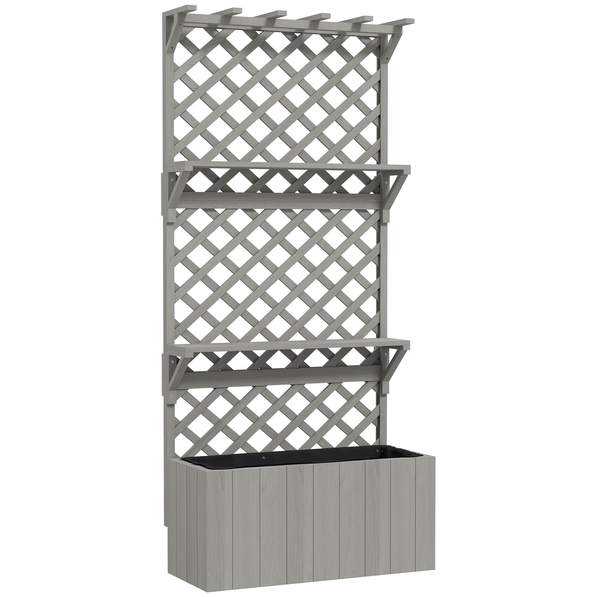 Outsunny 52L Wooden Planter with Trellis, Freestanding Raised Bed for Garden with Hanging Roof, Shelves, Drainage Holes and Bed Liner, Outdoor Planter Box for Climbing Plants Vegetables Flowers, Grey