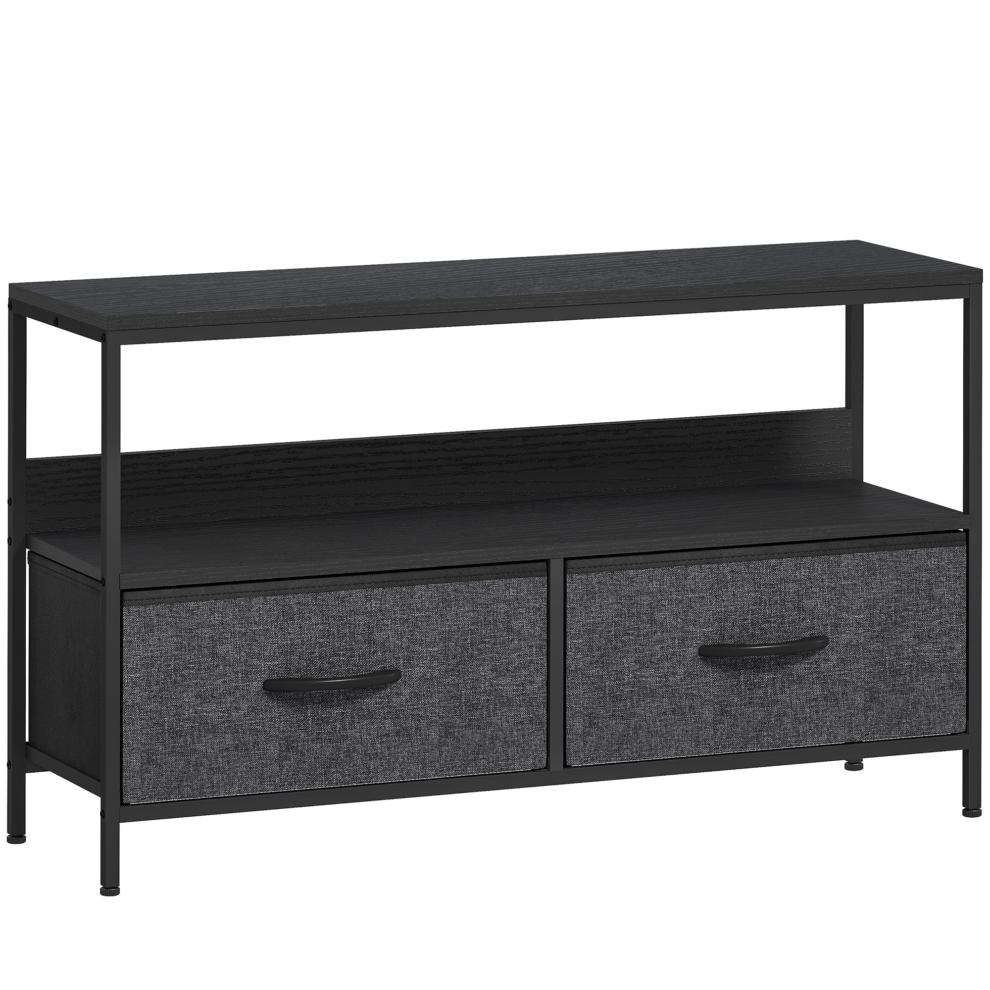 HOMCOM TV Schrank Lowboard mit 2 Schubladen, offenem Fach, 98 cm lang Fernsehtisch für Fernseher bis 47 Zoll, TV Board mit Stahlrahmen, für Wohnzimmer, Schwarz+Dunkelgrau, 98 x 29 x 56 cm Aosom