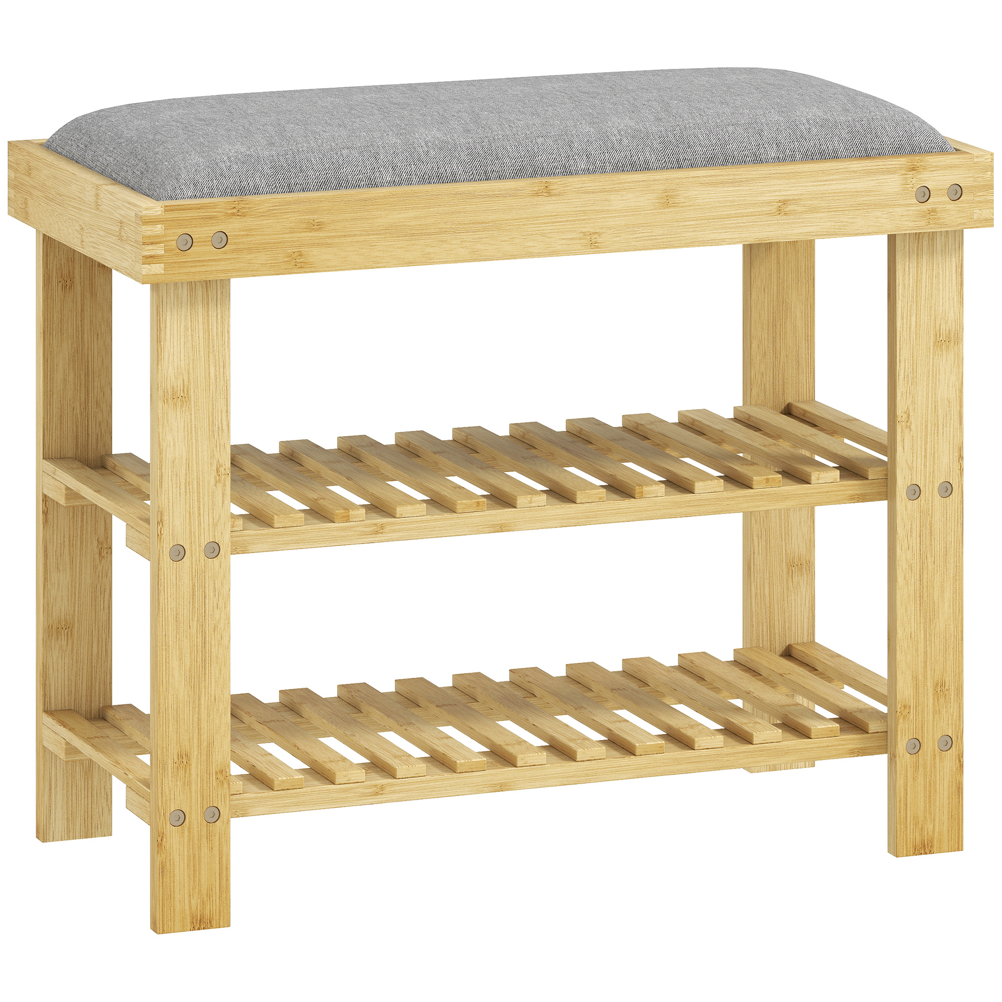 HOMCOM Schuhbank mit Sitzfläche, Bambus Sitzbank mit Stauraum, Schuhregal mit 2 offene Fächer, Sitzbank, Bank, Garderobenbank für Wohnzimmer, Flur, 60 x 29 x 49 cm Grau Aosom