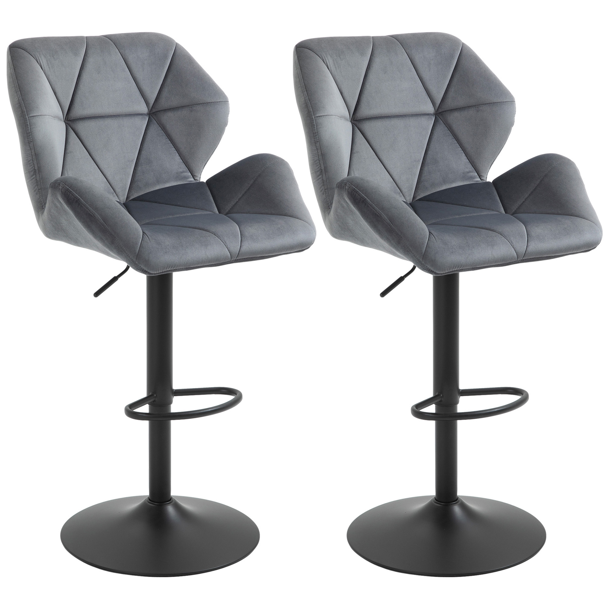 HOMCOM Barhocker 2er Set, Gepolstert Barstuhl mit Metallgestell, Lehne, Samtoptik, Höhenverstellbar Küchenstühle mit Fußstütze 360° Drehbar Tresenhocker für Küche, Wohnzimmer, Esszimmer Grau Aosom