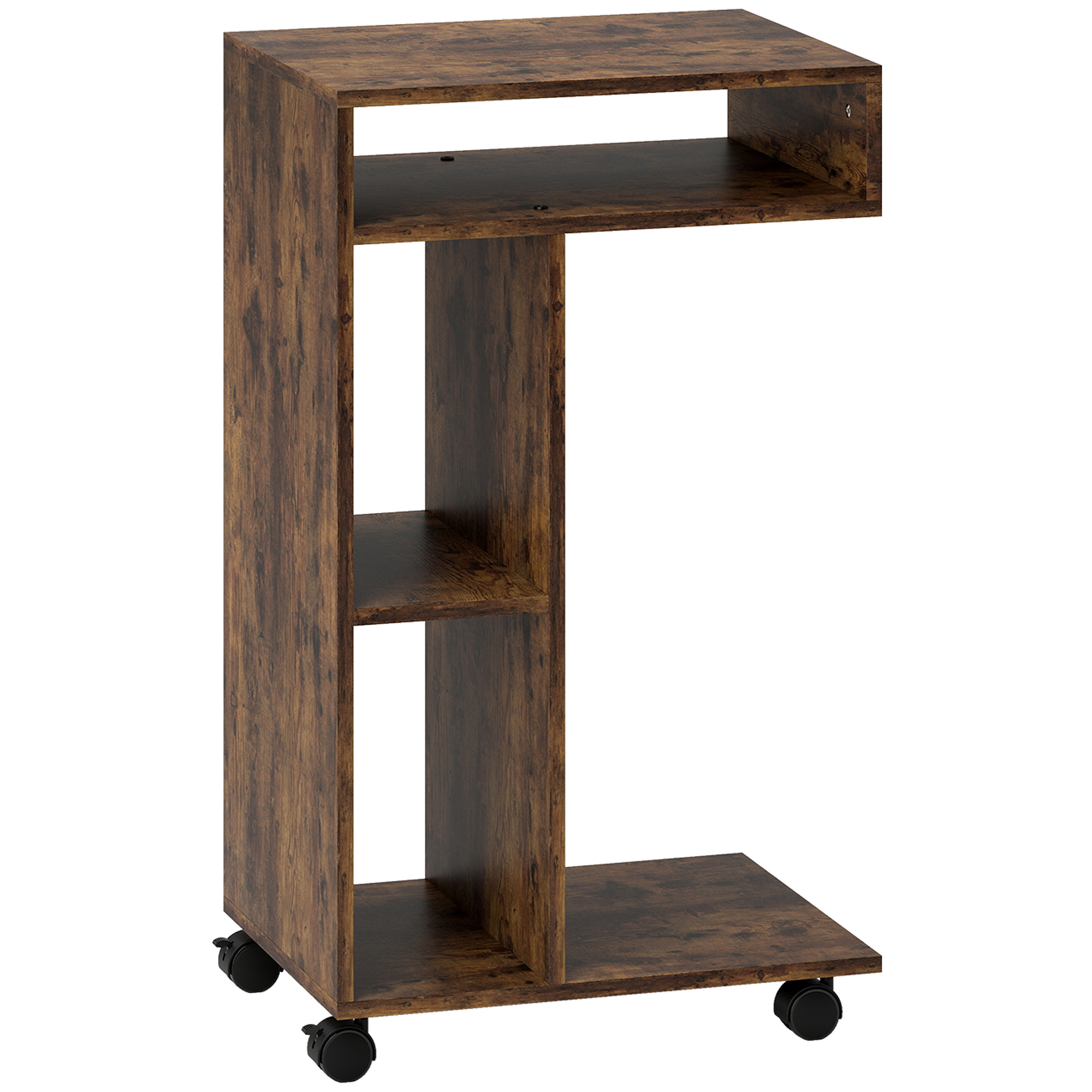 HOMCOM Beistelltisch C-Form Nachttisch mit 4 Regalen, Rollen, Couchtisch, Wohnzimmertisch Laptoptisch für Wohnzimmer Schlafzimmer 40 x 30 x 69 cm Rustikal-Braun Aosom