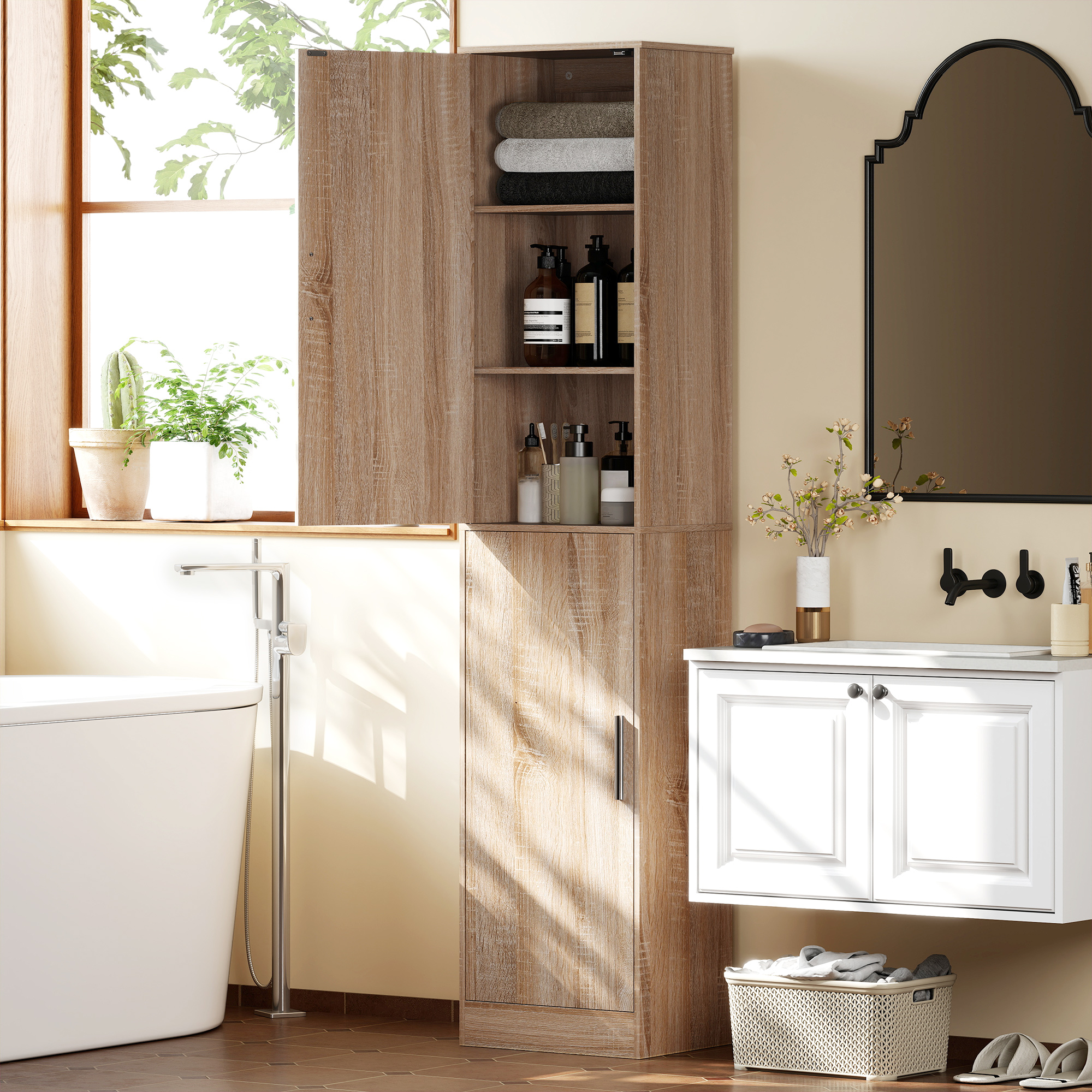 Homcom BadezimmermöBel, Schmaler SäUlenschrank Mit 2 TüRen Und 4 Verstellbaren EinlegeböDen, AufbewahrungsmöBel FüR Wohnzimmer, Toilette, Kleine RäUme, 40 X 35 X 180 Cm, Bois Naturel Aosom