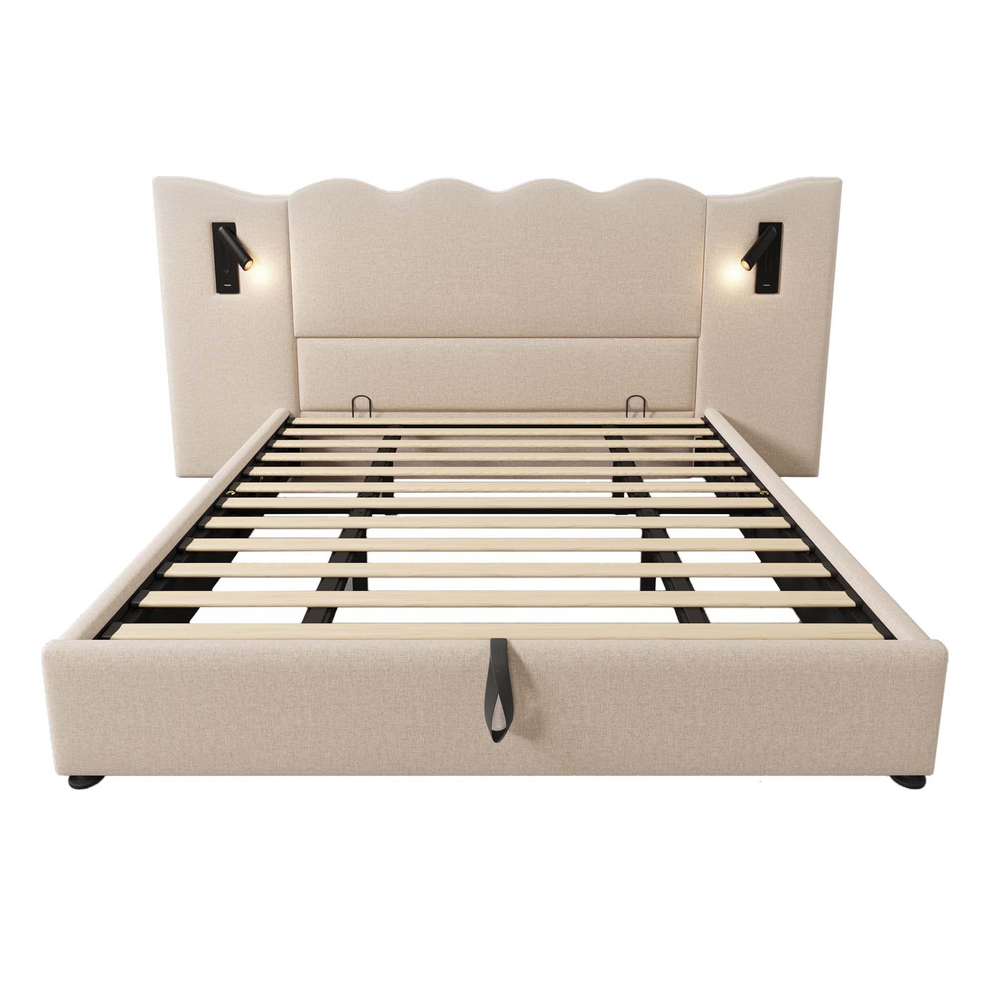 Cama tapizada doble 180x200 cm con lámpara de lectura giratoria, Beige | Aosom España