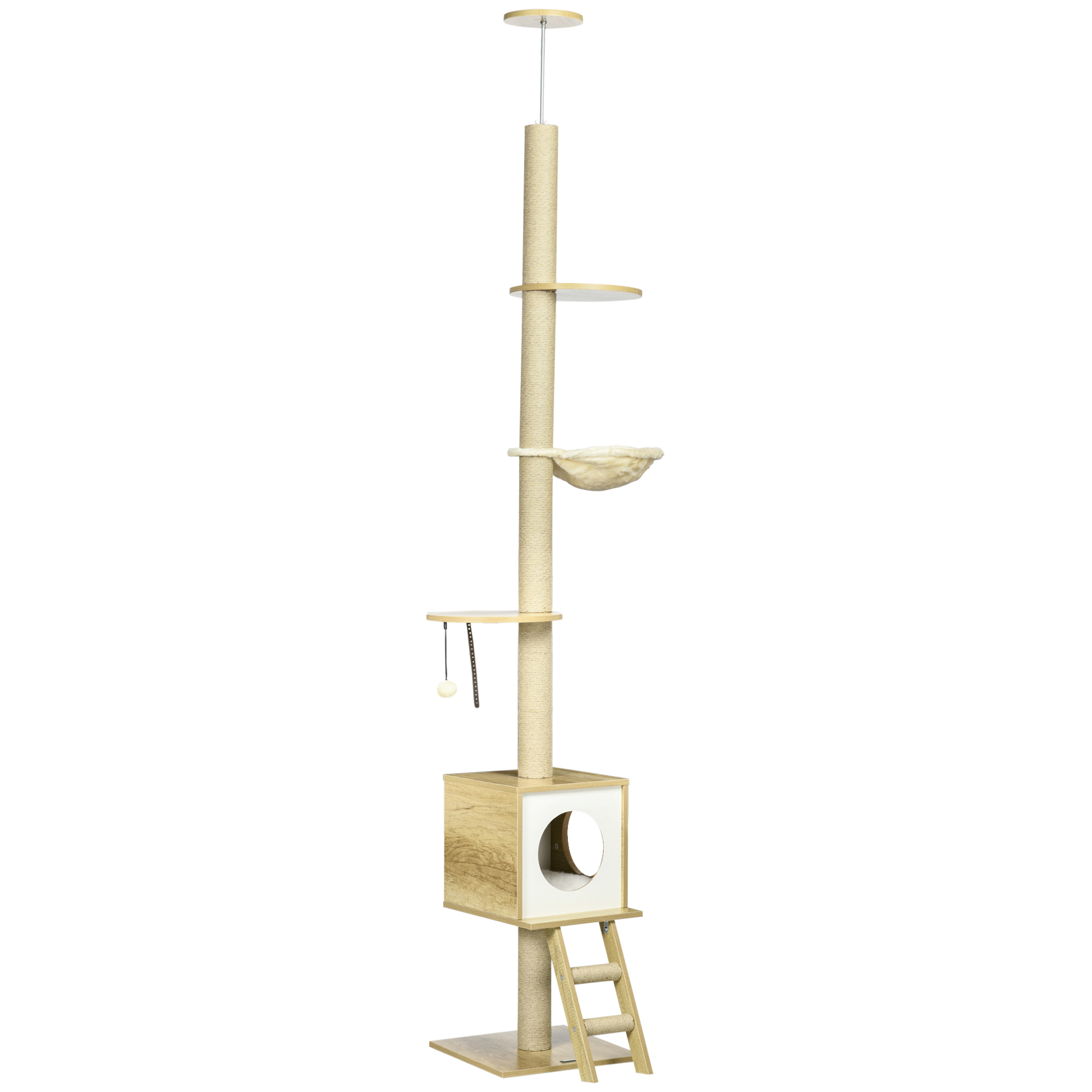 PawHut Kratzbaum deckenhoch 240-260 cm mit Katzenhaus und Hängematte in Hellbraun und Beige für aktive Katzen Aosom.de