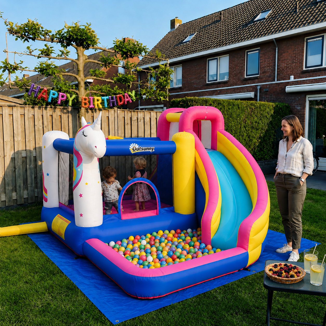 Outsunny Springkasteel met 450W Blower 380x320x210 cm Opblaasbaar Waterpark en Glijbaan voor 4 Kinderen Oxford Speelkasteel met Draagtas | Aosom.nl