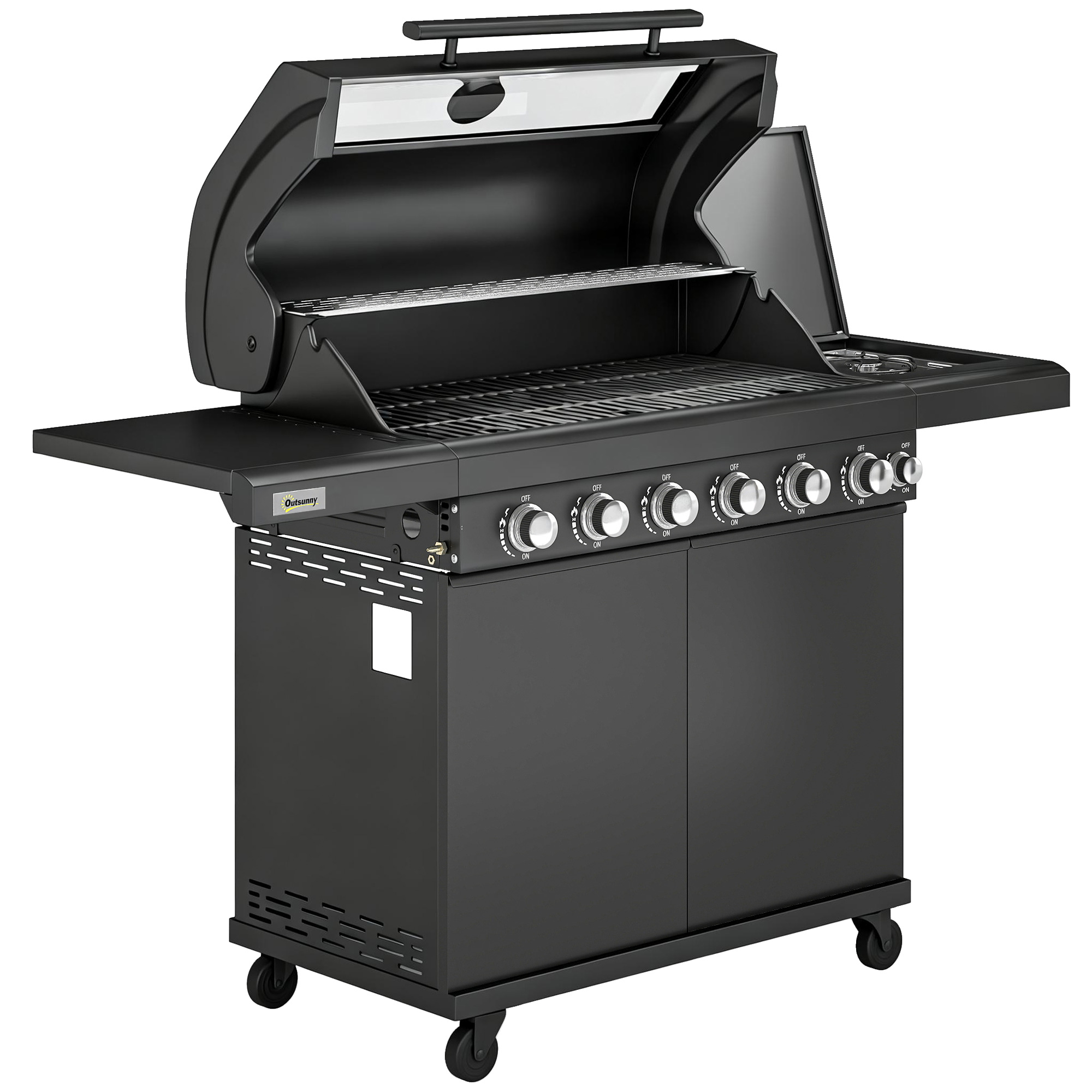 Outsunny Black 6+1 Burner Gas Bbq Grill, Outdoor Barbecue Trolley With Wheels, Warming Rack, Thermometer, Bottle Opener,