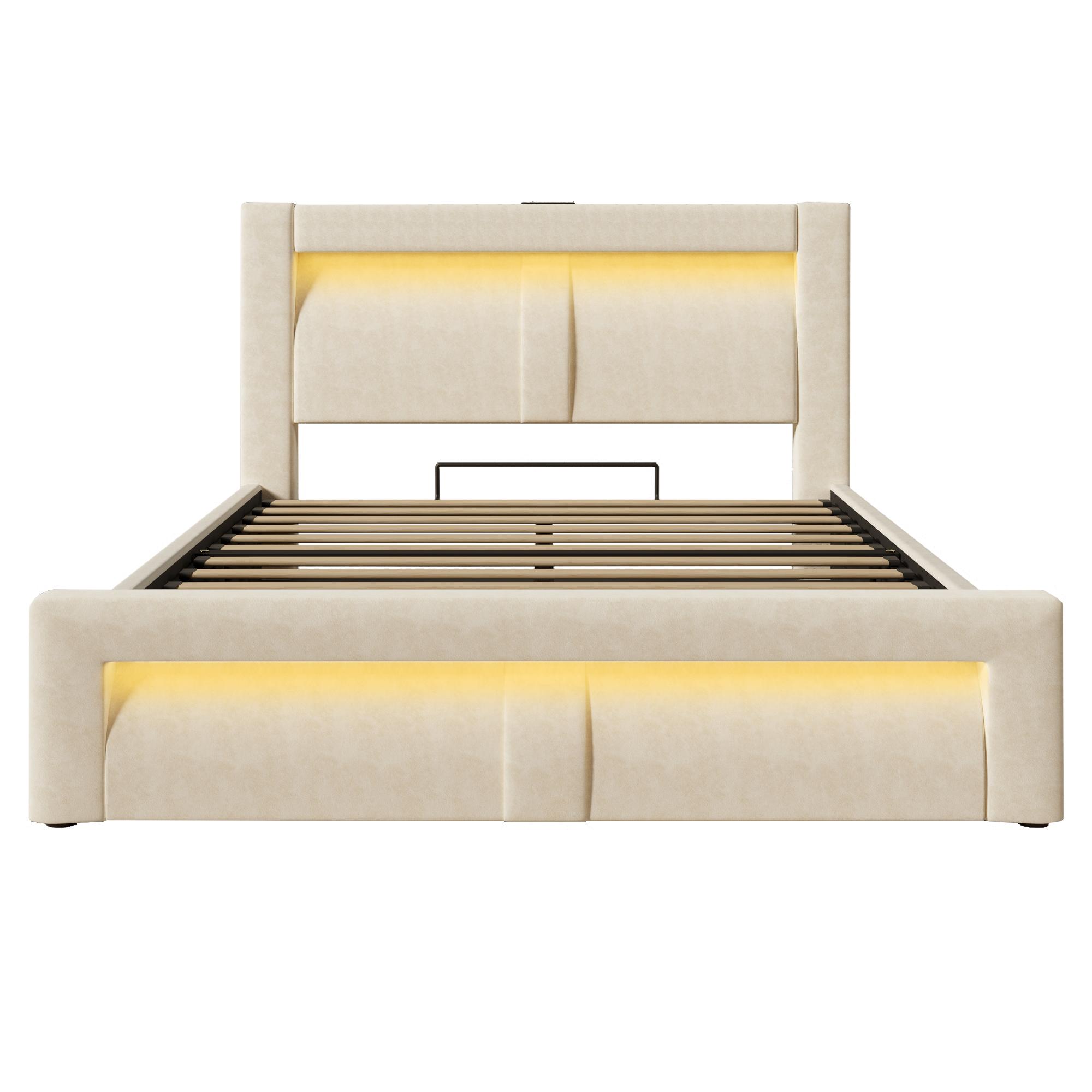Cama doble 140x200 cm con almacenamiento hidráulico, Beige | Aosom España