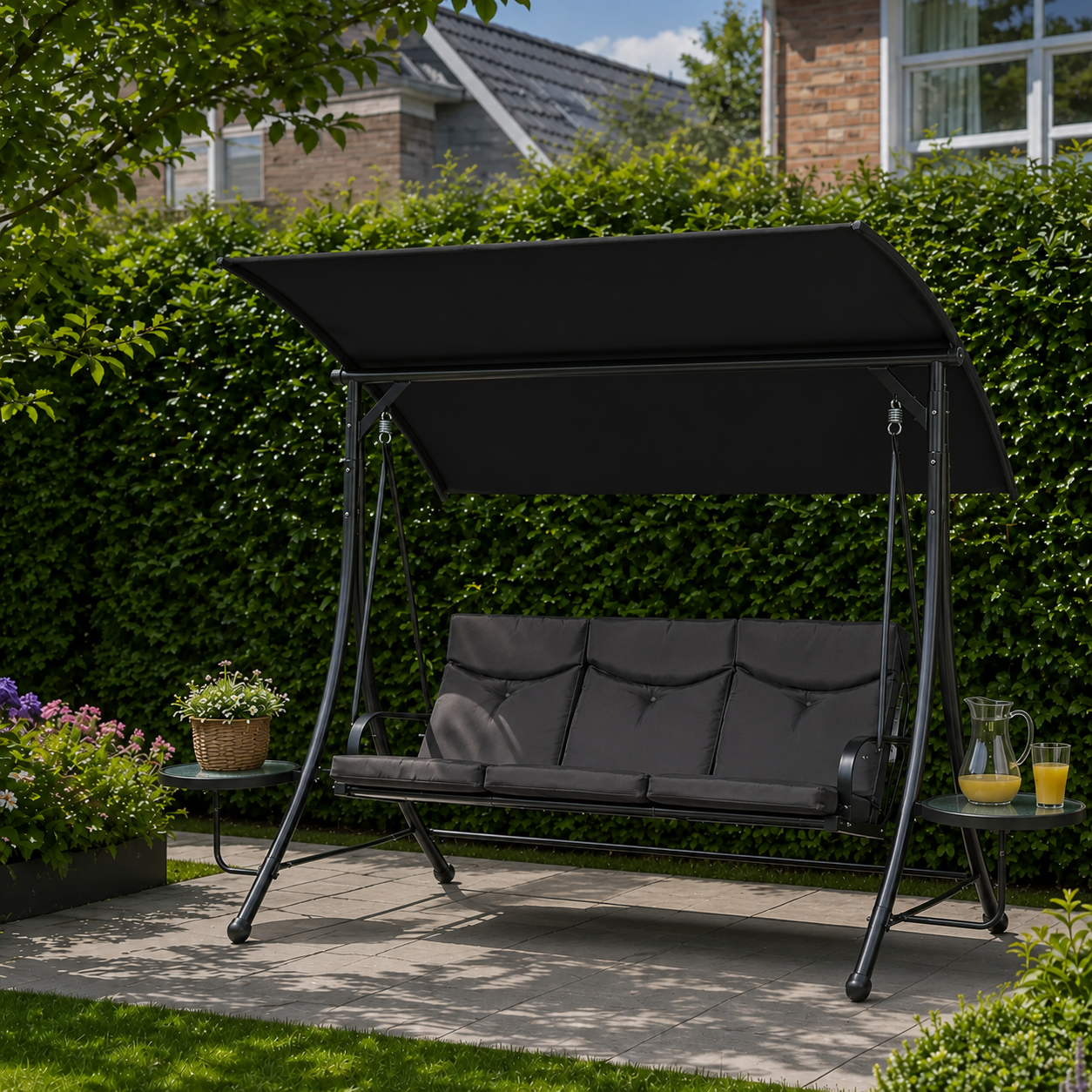 Outsunny Schommelbank 3-Zits Tuinschommel 278x125x177 cm Zwart Luxe Stalen Schommelbank met Verstelbaar Zonnedak, Kussens en Bijzettafels | Aosom.nl