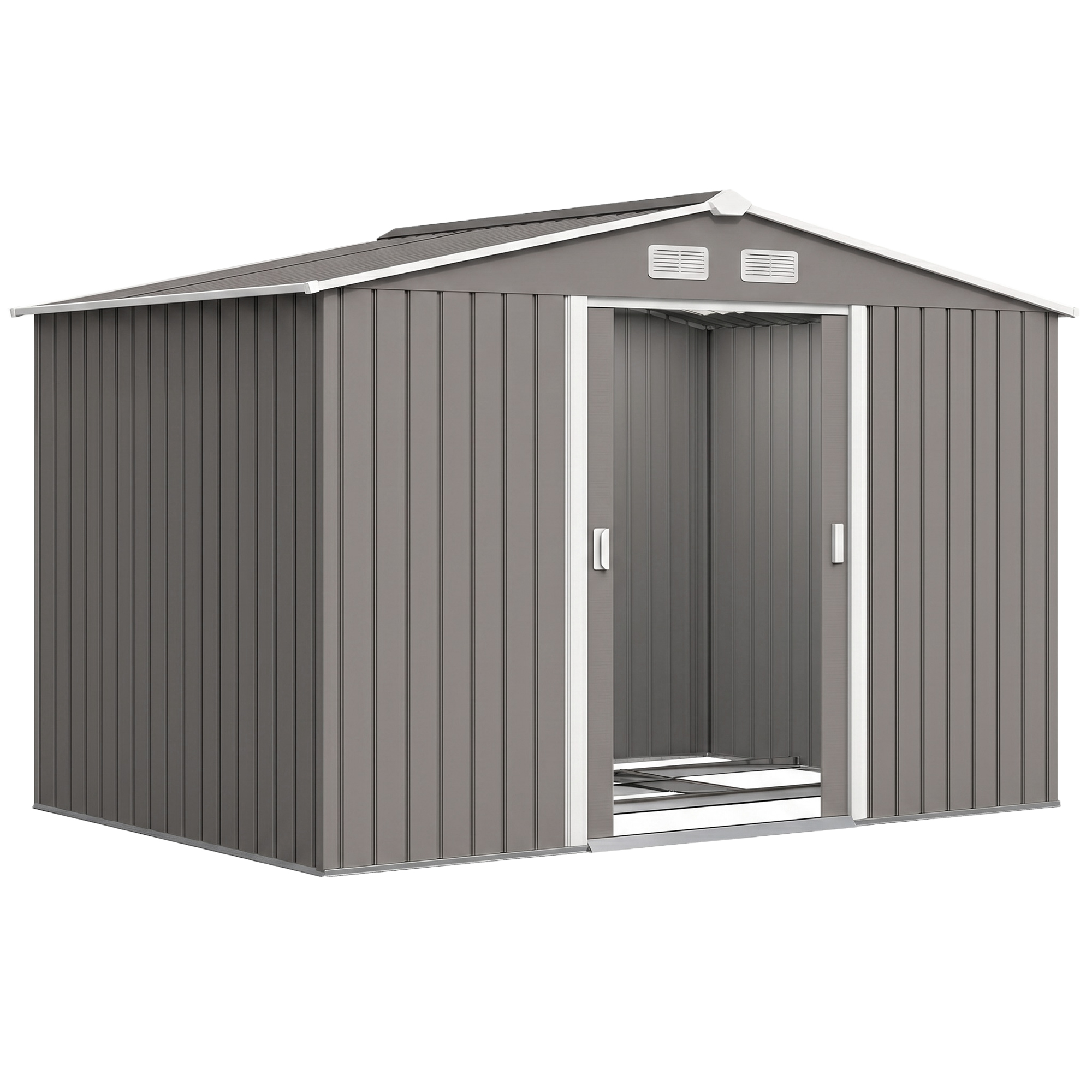 Outsunny Metalen Tuinhuis, Metaal Gereedschapsschuur, 277x191x192 cm, Weerbestendig, 2 raamopeningen, Incl. gegalvaniseerde stalen, grijs | Aosom.nl