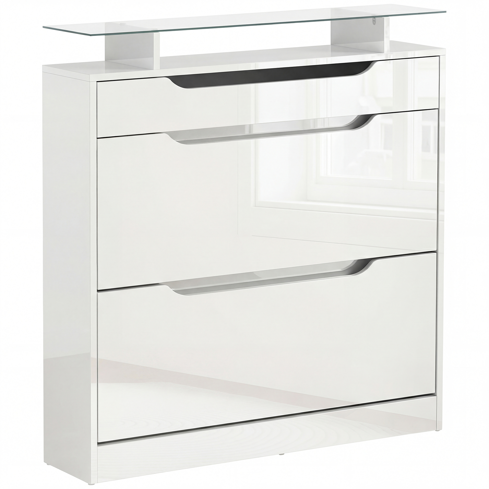 HOMCOM Schuhschrank Schuhregal mit 3 Schubladen und Klapptür, verstellbares Regal für 14 Paar, Hochglanz Weiß 89 x 23 x 96 cm, großer Stauraum Aosom.de