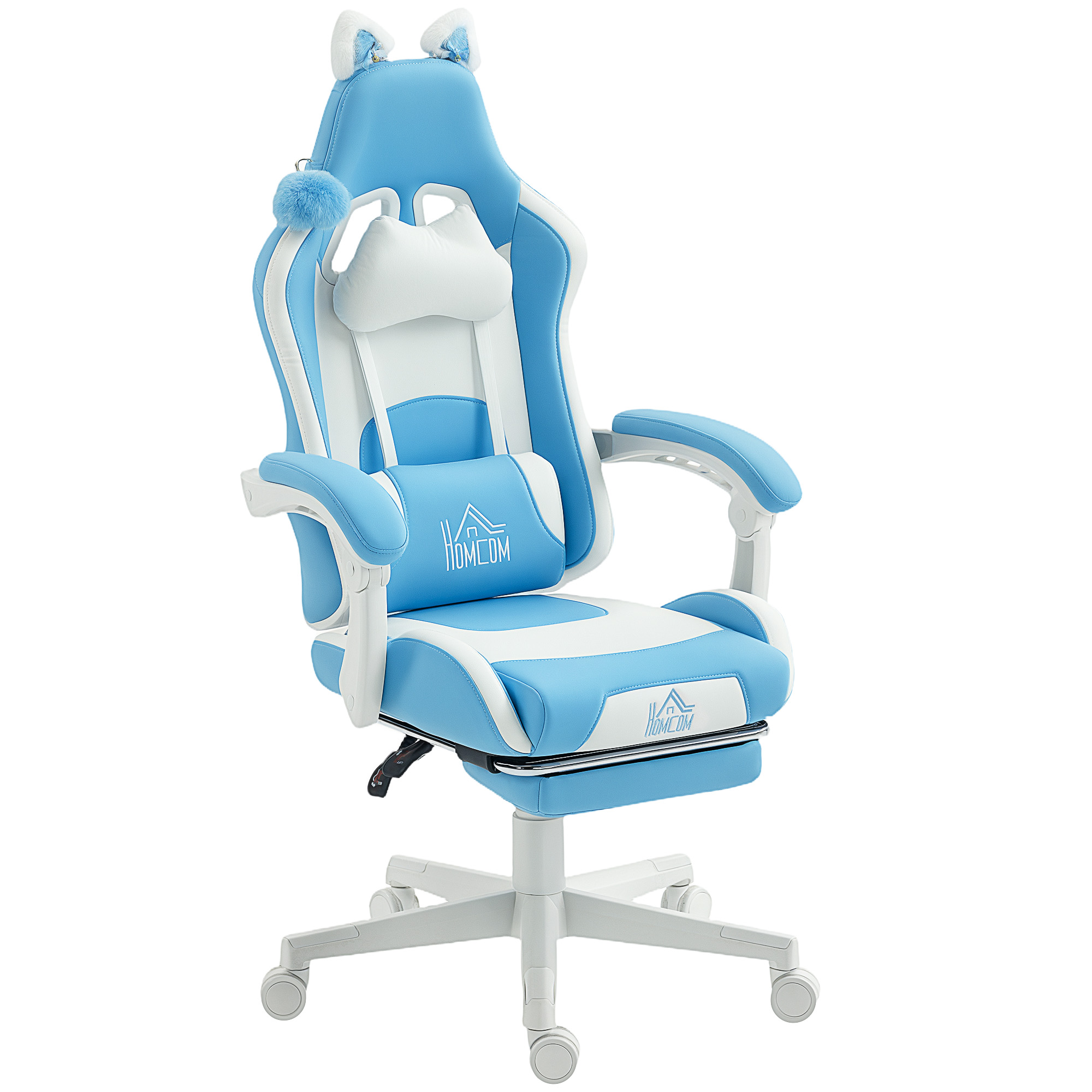 HOMCOM Scaun de gaming reclinabil cu suport pentru picioare si perne, 65x62x124 cm, alb si albastru | Aosom Romania