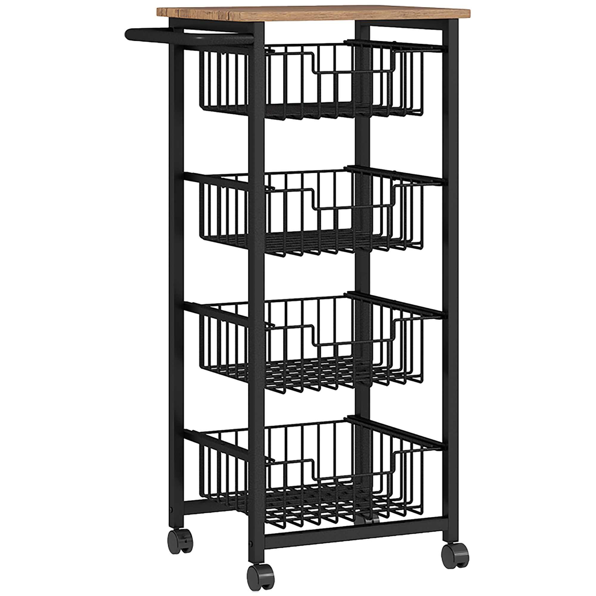 HOMCOM Carucior de Bucatarie cu 4 Cosuri Detasabile, Roti si Frane, Otel si Lemn, 49.5x31x91 cm, Stejar | Aosom Romania