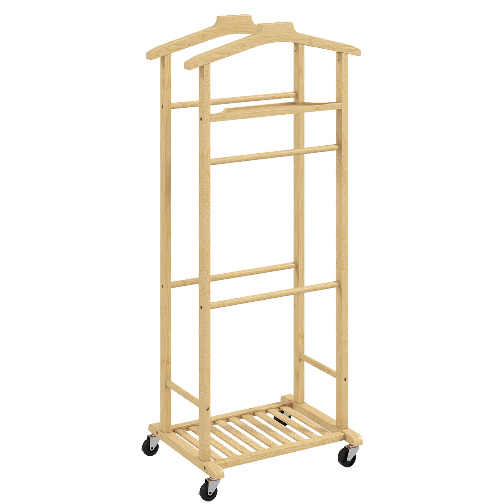 HOMCOM Suport de haine 4 în 1 pe roți din lemn de bambus 47x33.7x105.5 cm | Aosom Romania