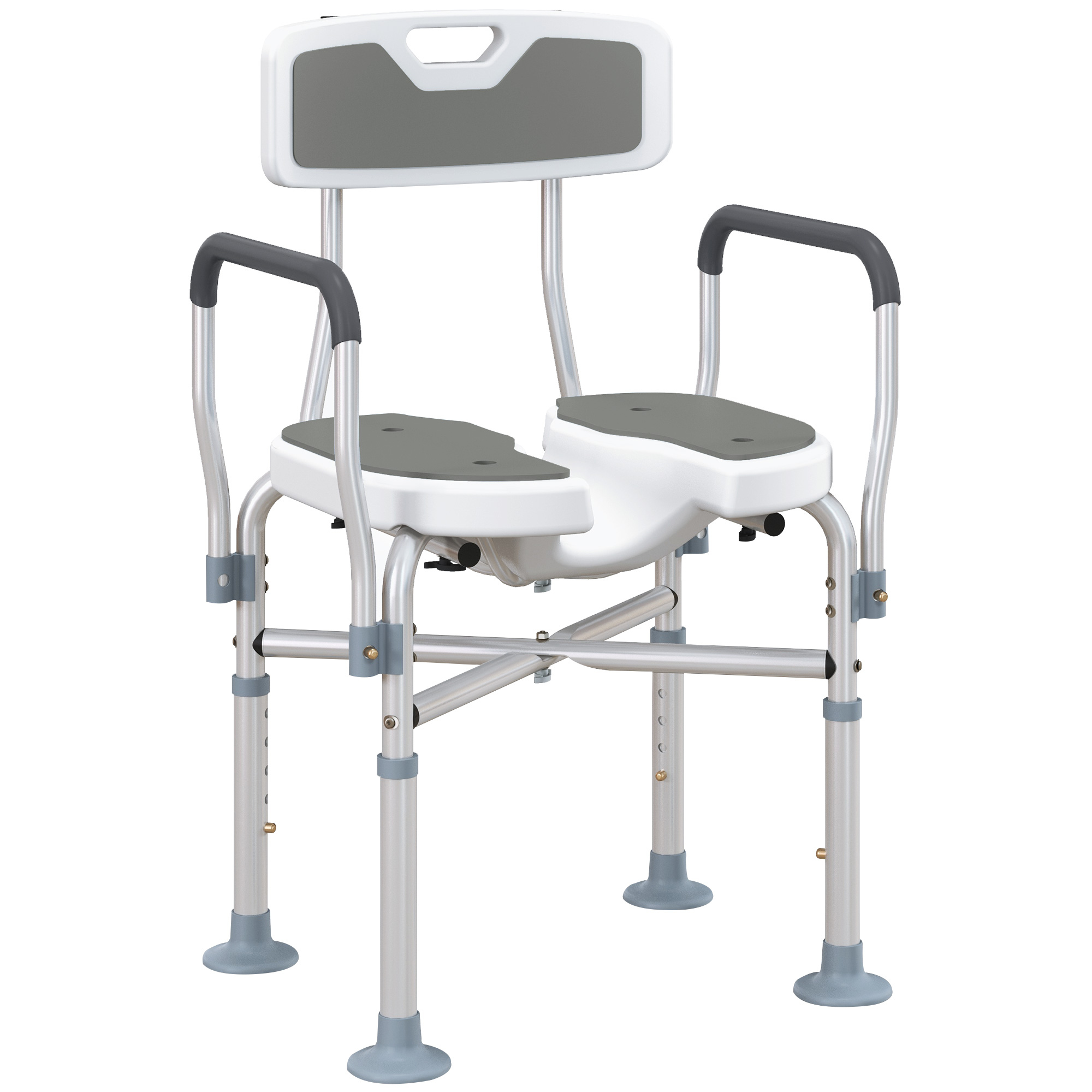HOMCOM Chaise de douche avec assise fendue, hauteur réglable, antidérapante, dossier et accoudoirs, charge 136 kg, gris