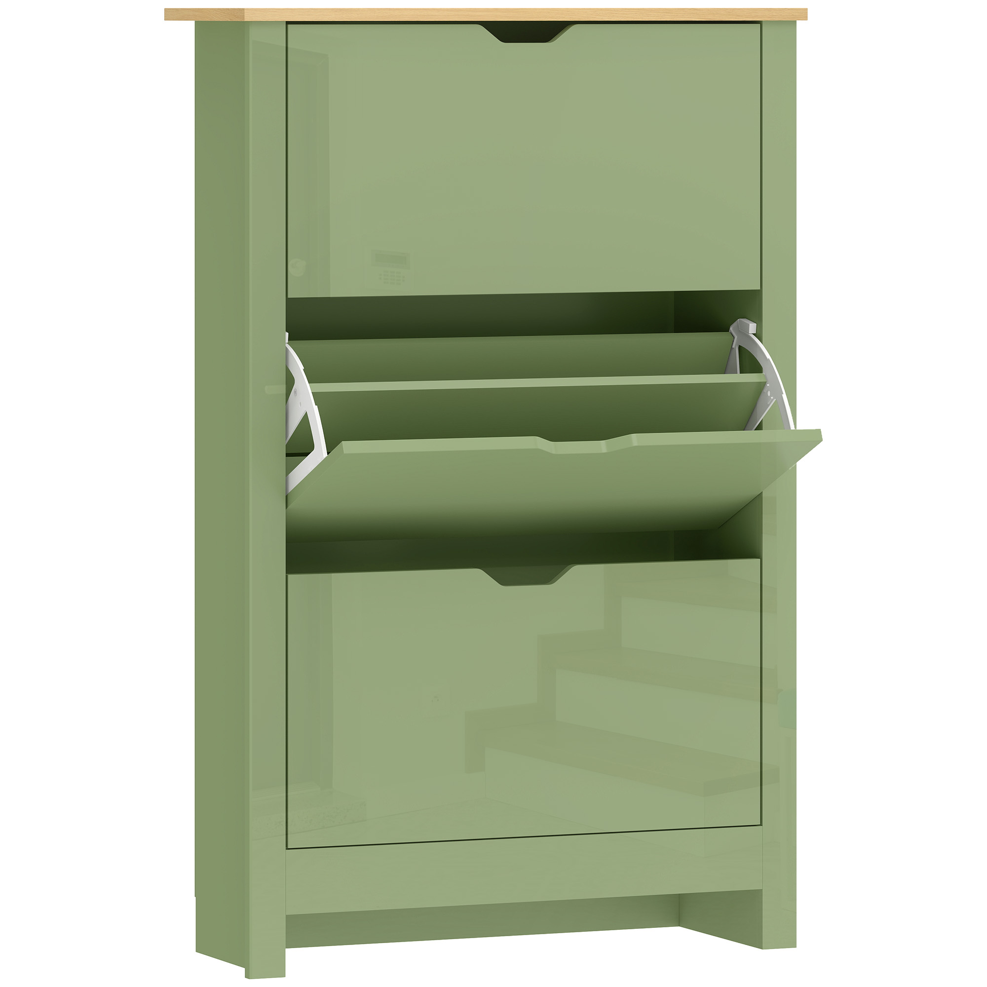 HOMCOM Schuhschrank für 18 Paar, schmaler hochglänzender Schuhschrank, 3 klappbare Fächer, verstellbare Einlegeböden, Oberplatte, moderner Stil, für Flur, Eingangsbereich, 72x26x112cm, Grün Aosom