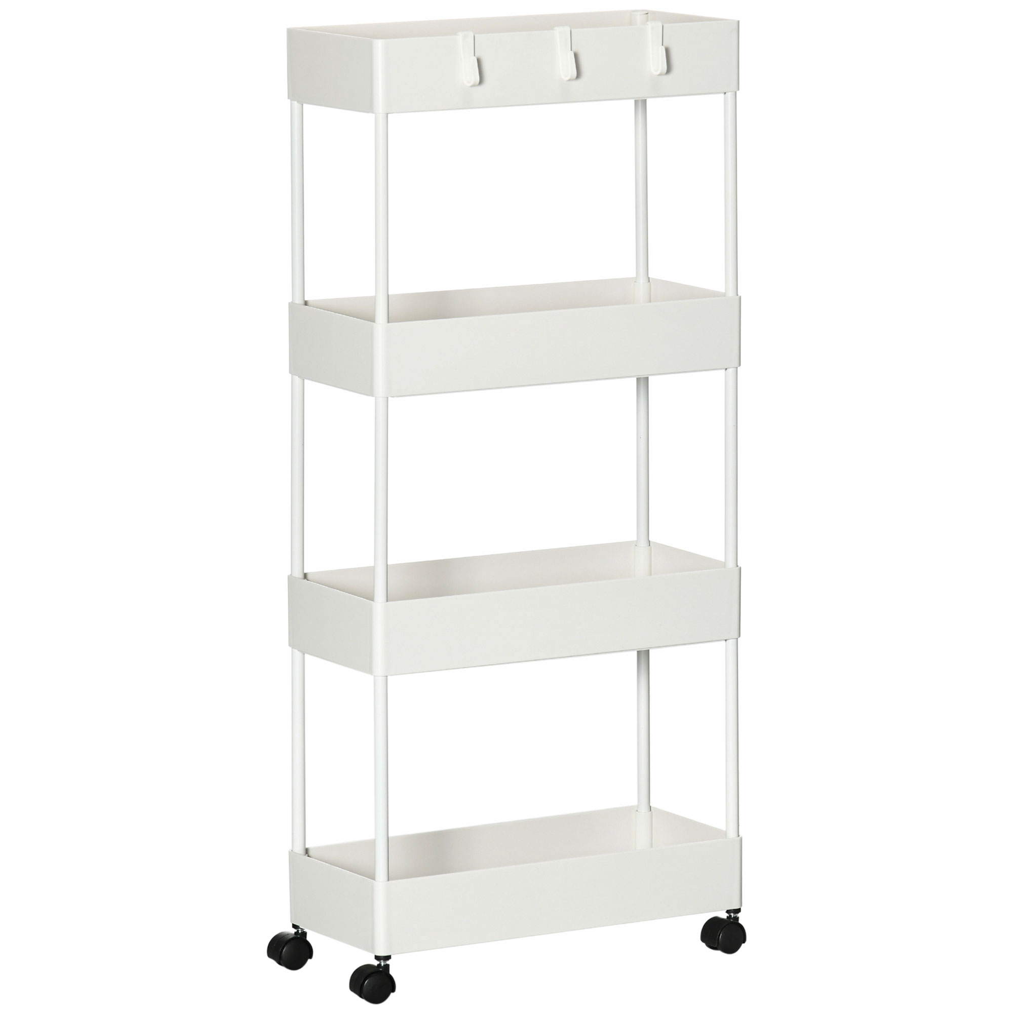 HOMCOM Carucior Bucatarie Multifunctional cu 4 Polite si 3 Carlige, Otel si Plastic, 40x19x90 cm, Alb | Aosom Romania