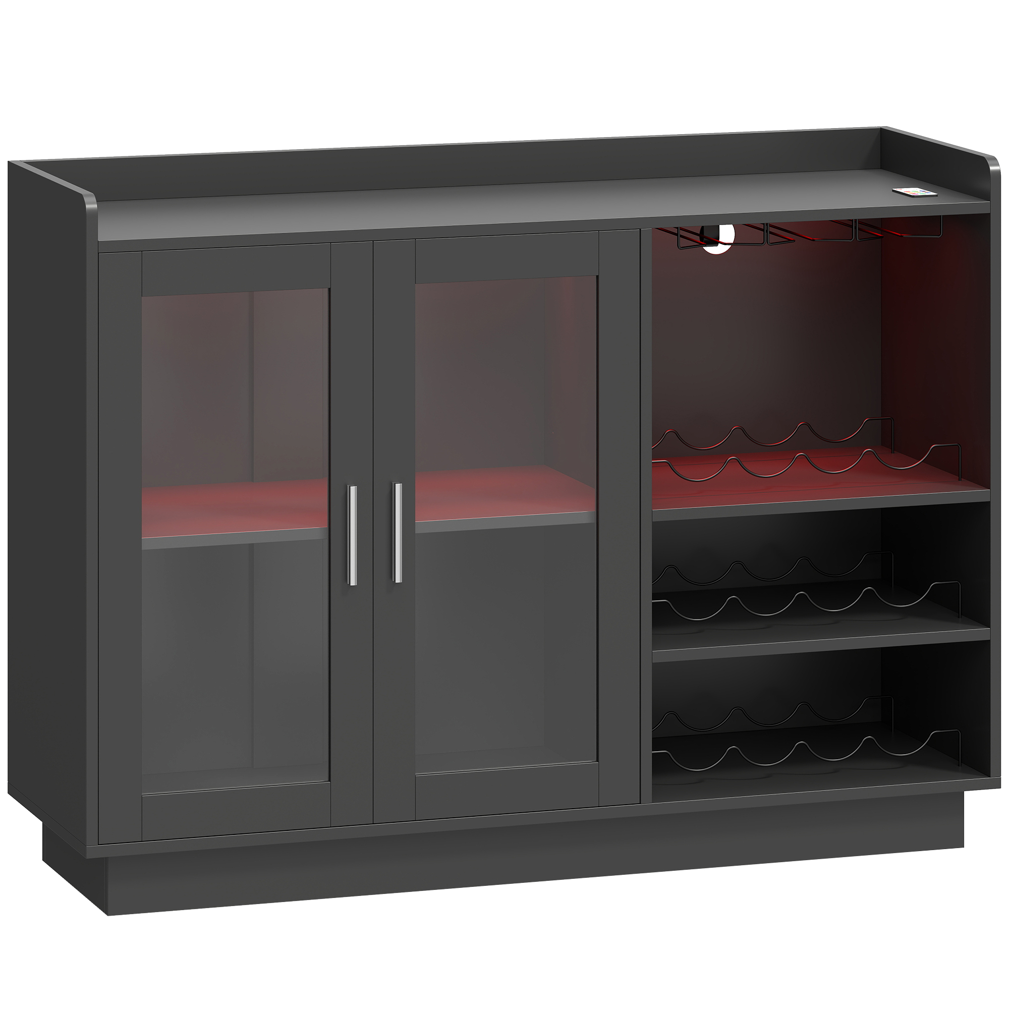 HOMCOM Dulap Port-Sticle cu Lumini LED RGB și Suport pentru 12 Sticle Dulap pentru Vinuri cu Raft Reglabil și Uși cu Închidere Lentă din Sticlă pentru Casă Bucătărie și Sufragerie Negru | Aosom Romania