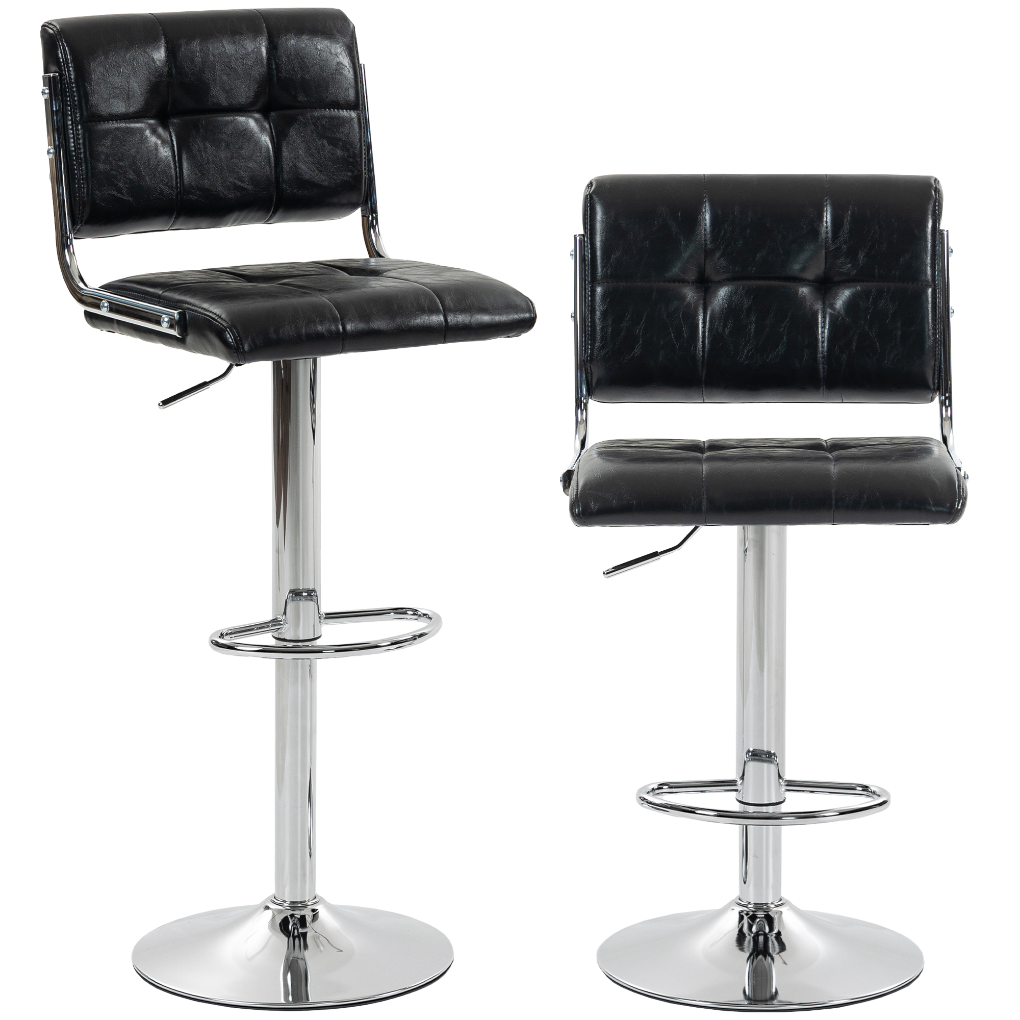 HOMCOM Barhocker, 2er-Set, Barstühle aus PU, höhenverstellbar, 360° drehbar, gepolsterter Sitz, Rückenlehne und Fußstütze, Metallbasis, für Kücheninsel, Esszimmer, Küche, Schwarz Aosom