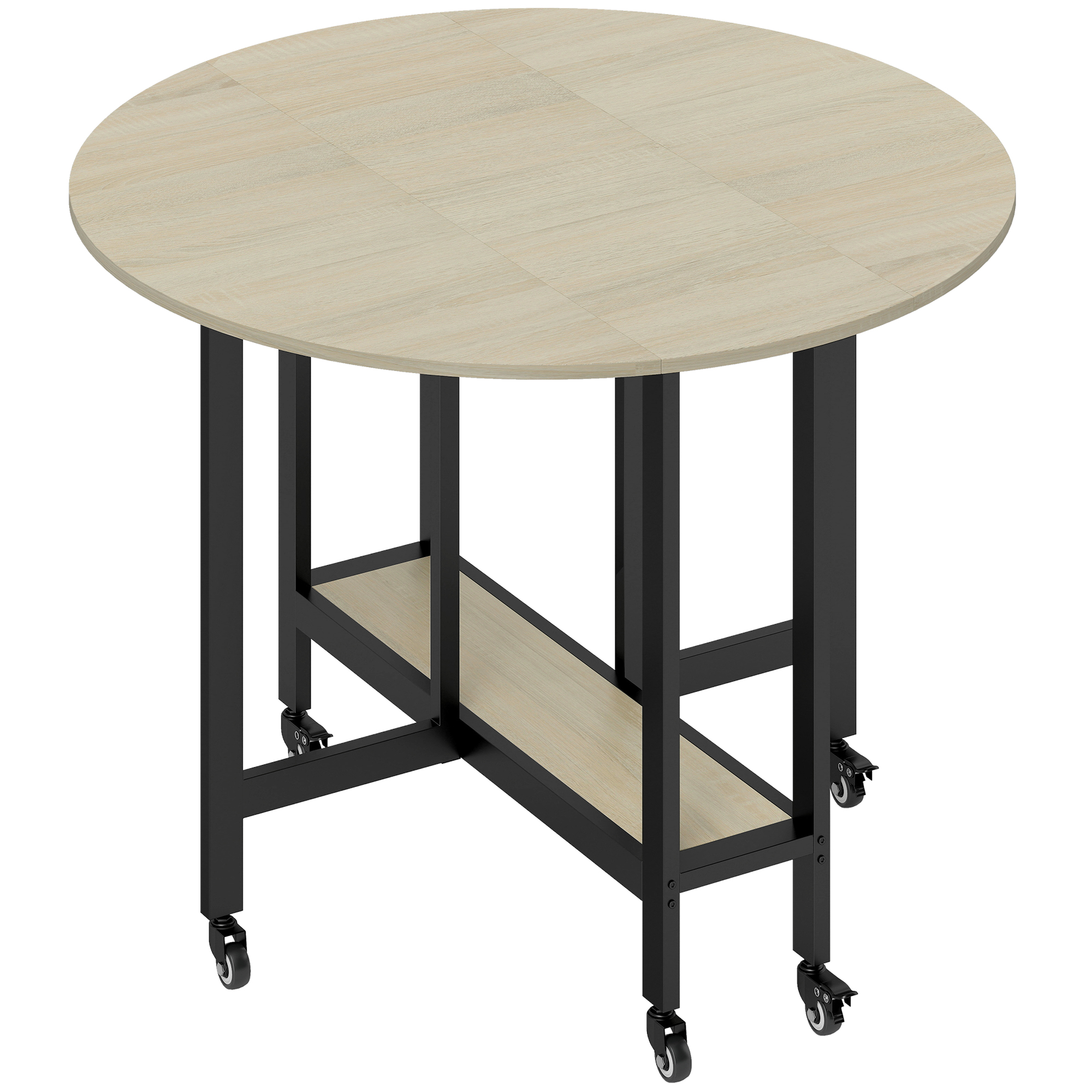 Klapptisch, Tisch mit Klappfunktion und offener Ablage, Rollbarer Küchentisch für Esszimmer, kleine Räume, Natur