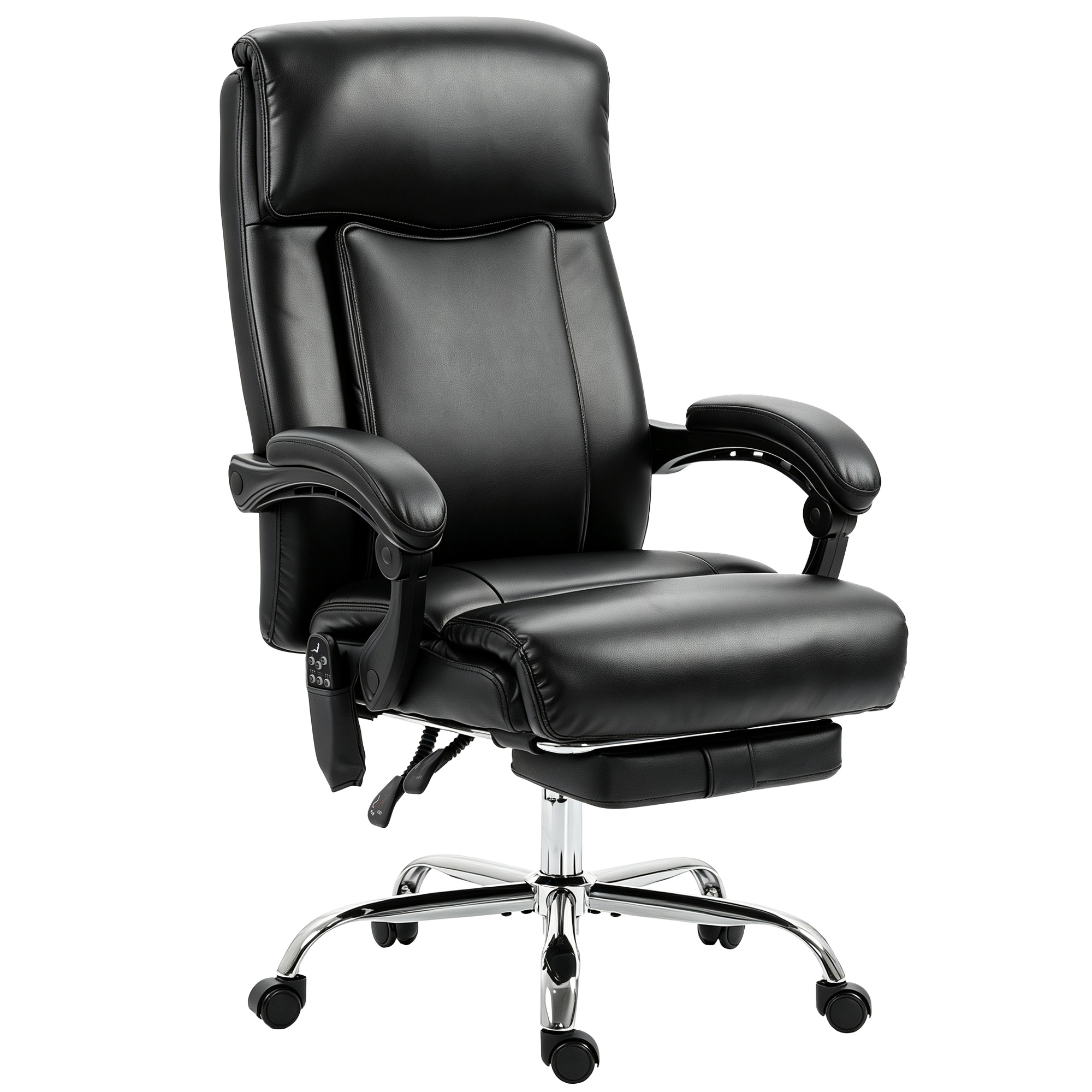 HOMCOM Massage-Bürostuhl mit Vibrations- und Heizfunktion, ergonomischer PU-Bürostuhl, höhenverstellbar, neigbare Rückenlehne, ausziehbare Fußstütze, synchronisierte Armlehnen, 360° drehbar, schwarz Aosom