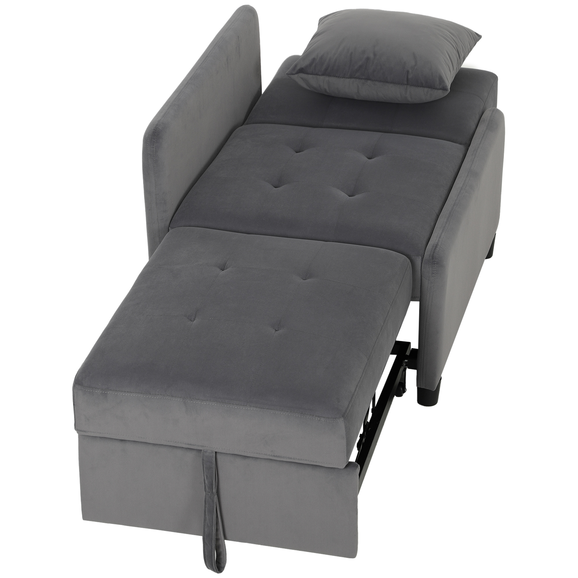 HOMCOM Schlafsessel 4-in-1 Einzelsitz Ausziehbar Gesteppt, 3-fach Verstellbar, Abnehmbares Kissen, Gepolstertes Schlafsofa in Samtoptik mit Rollen, Taschen, 73x90x83cm, Dunkelgrau Aosom