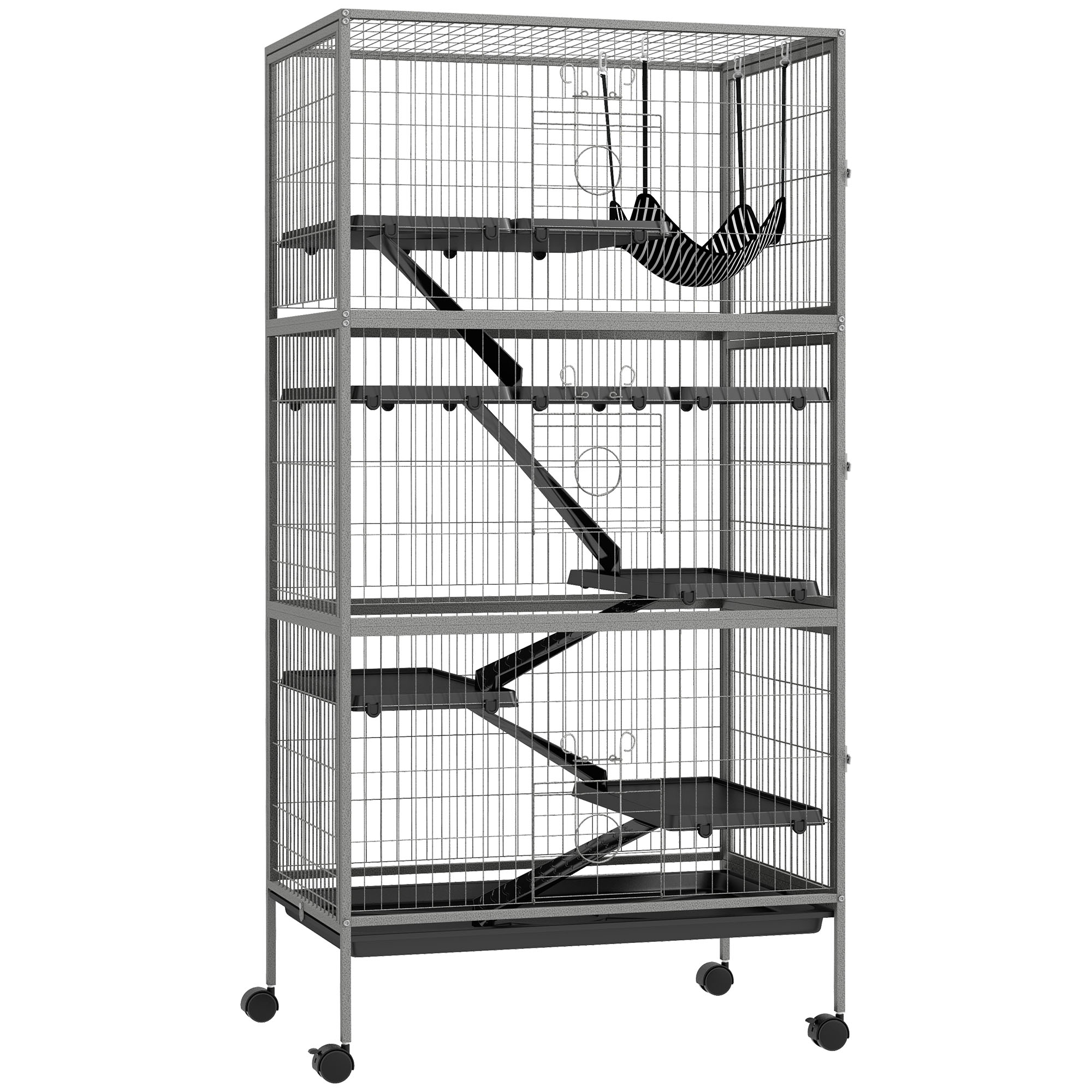 PawHut Colivie pentru Rozătoare cu 4 Intrări Multi-Nivel cu Hamac, Cușcă Metalică & PP, 80x52x159 cm, Argintiu și Negru | Aosom Romania