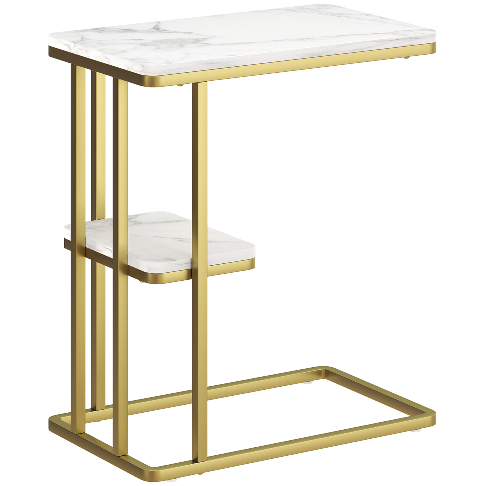 HOMCOM Beistelltisch, C-förmiger schmaler Couchtisch mit Stauraum, moderner Nachttisch für kleine Räume, Wohn- und Schlafzimmer, 50 x 30 x 57,5 cm, Weiß mit Marmoroptik Aosom