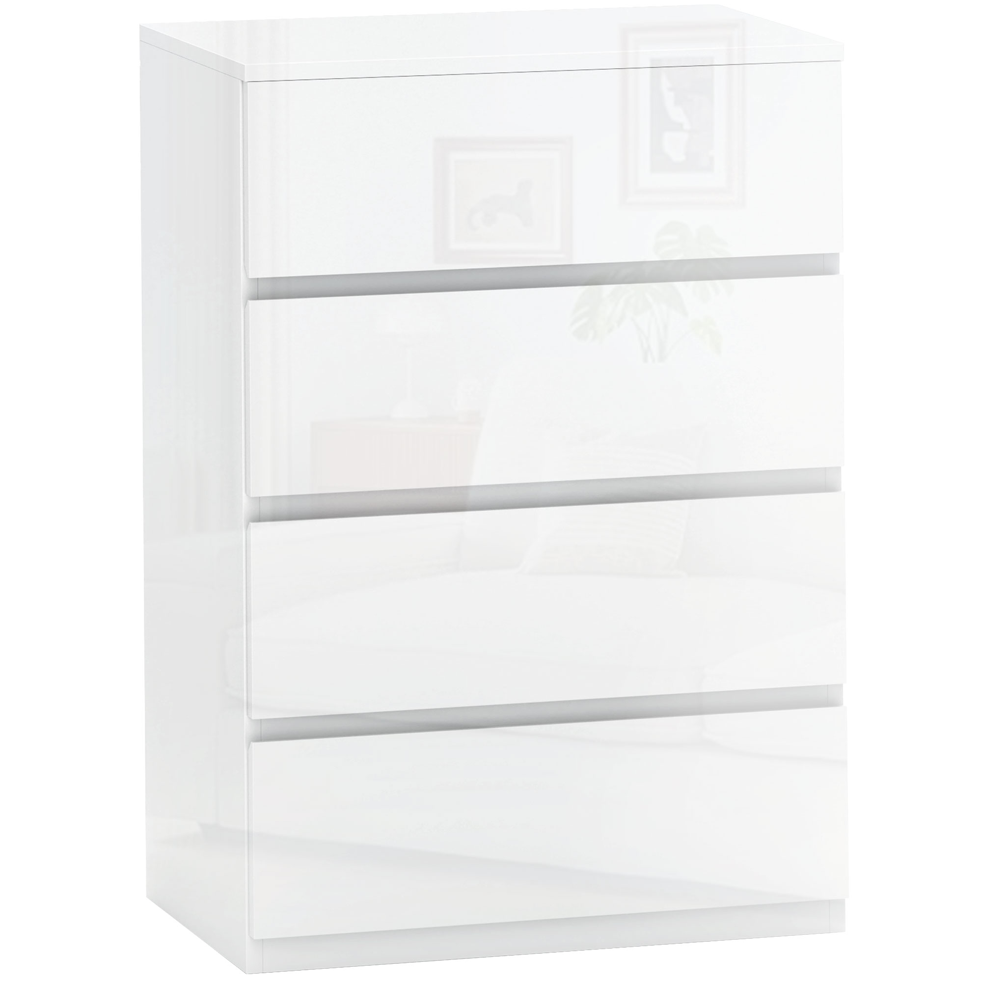 HOMCOM Comodă Modernă cu 4 Sertare Anti-Răsturnare Comodă din Pal Melaminat 55x33x80 cm Alb Lucios | Aosom Romania