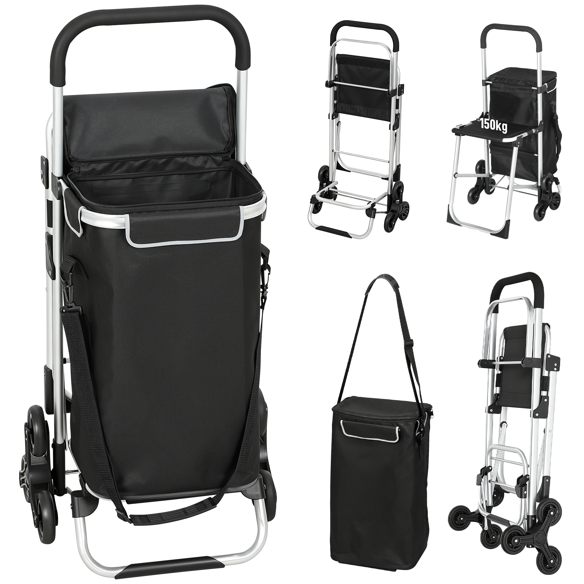 HOMCOM 3-in-1 Einkaufstrolley klappbar mit 40L Kapazität, klappbar Sitz, Trolley bis 25kg belastbar Einkaufswagen mit Kühlfach, verstellbarem Griff, Sackkarre Umhängetasche Treppensteiger Schwarz Aosom