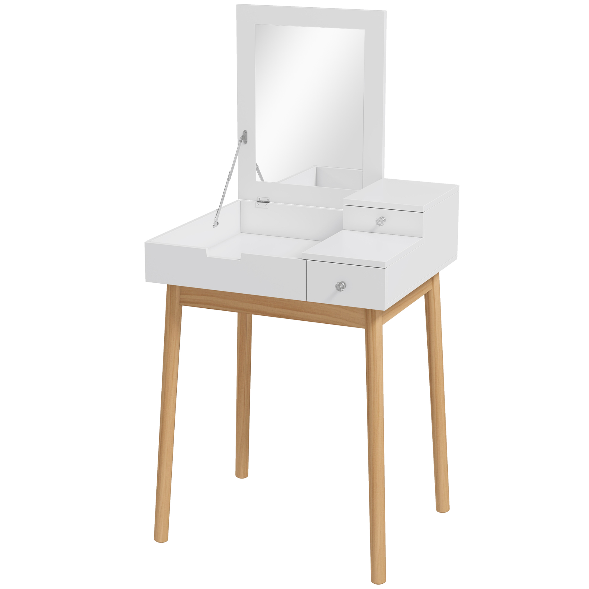 HOMCOM Schminktisch Frisiertisch Kosmetiktisch mit aufklappbarem Spiegel Holzfüße Weiß+Natur 60 x 50 x 85,5cm Aosom