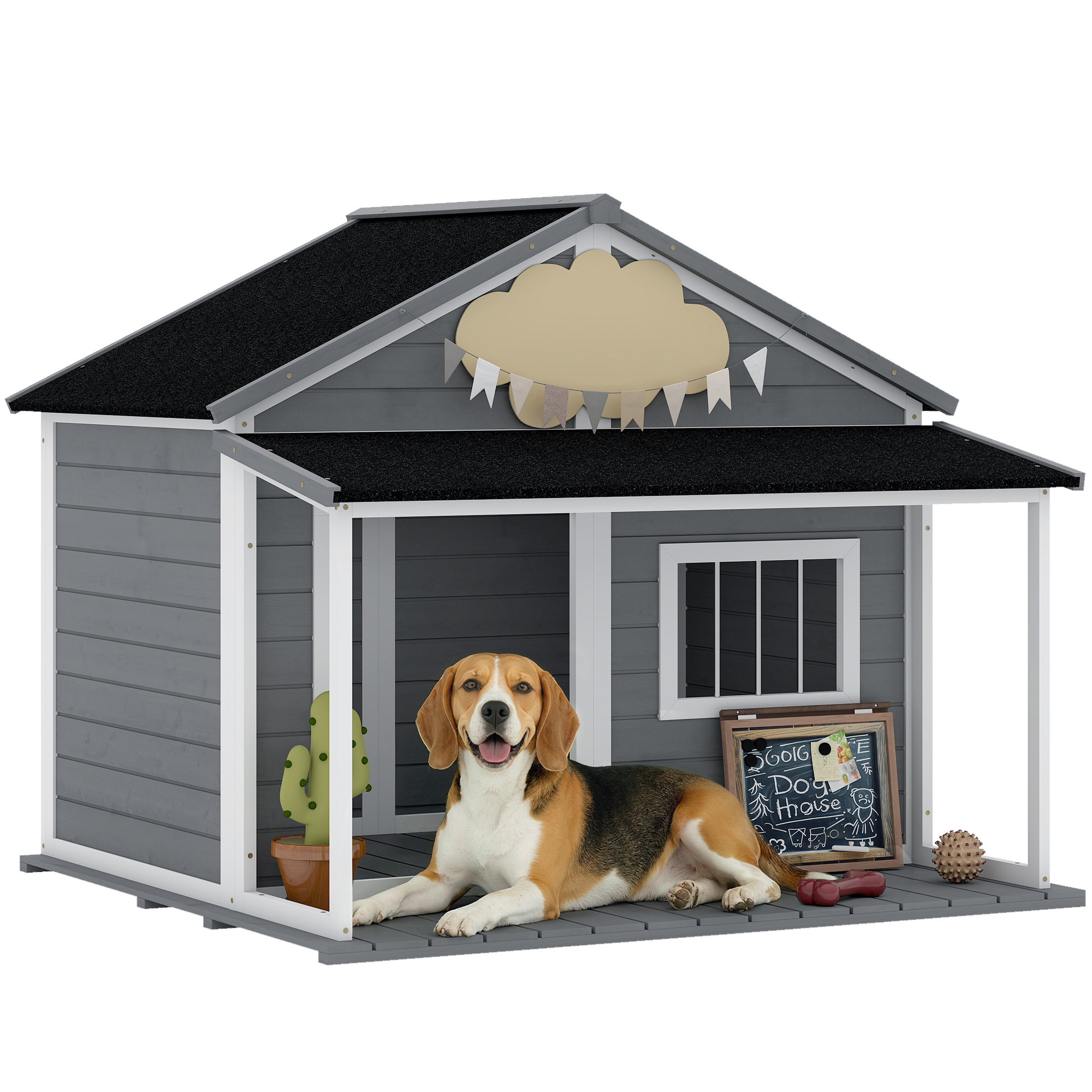 PawHut Casuță din Lemn de Exterior pentru Câini, Cușcă pentru Câini cu Terasă, Fereastră și Acoperiș Impermeabil, 124x112x105 cm, Gri | Aosom Romania